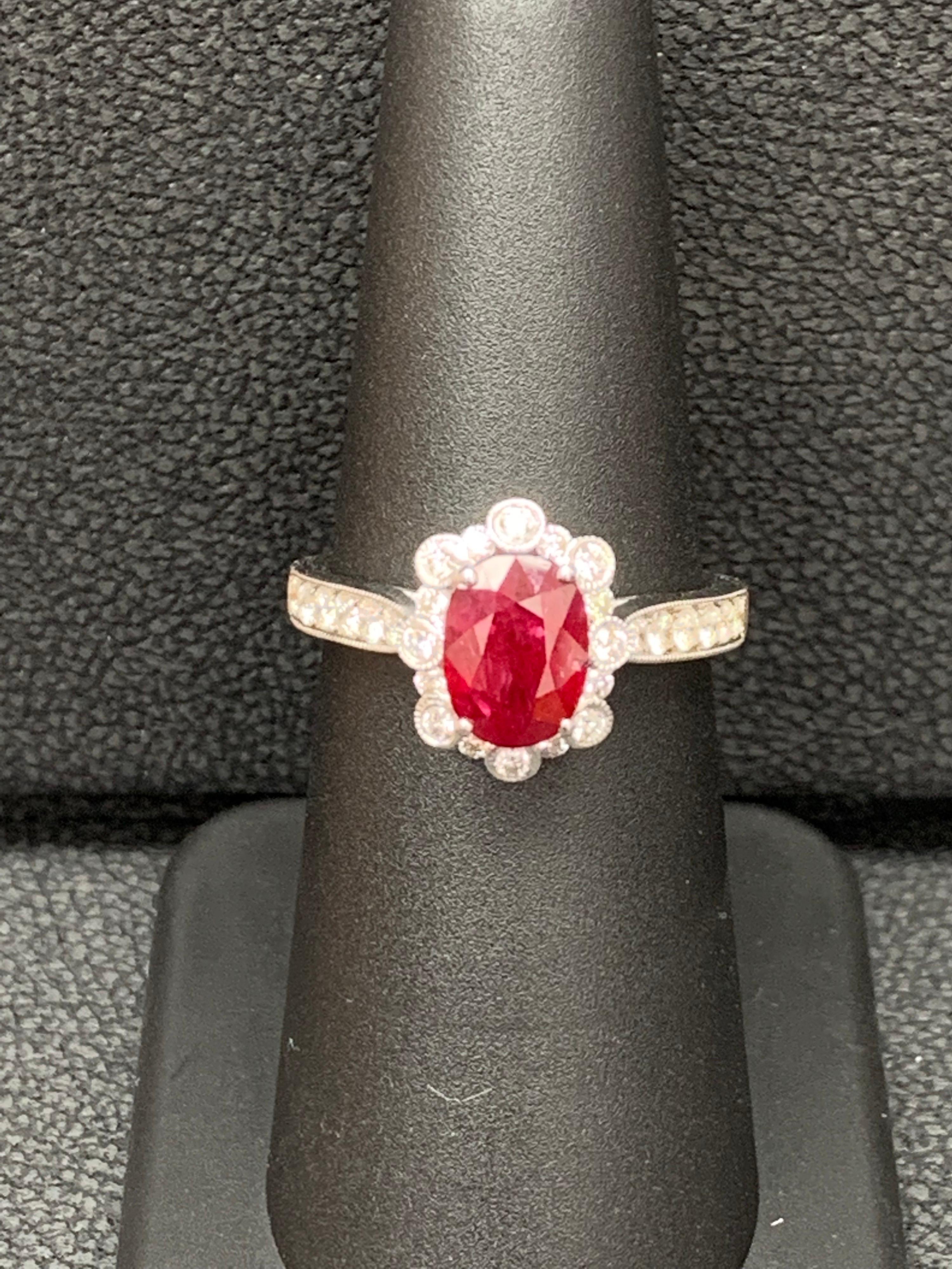 Grandeur 0.83 Carat Oval Cut Ruby and Diamond Engagement Ring in 18K White Gold For Sale 10