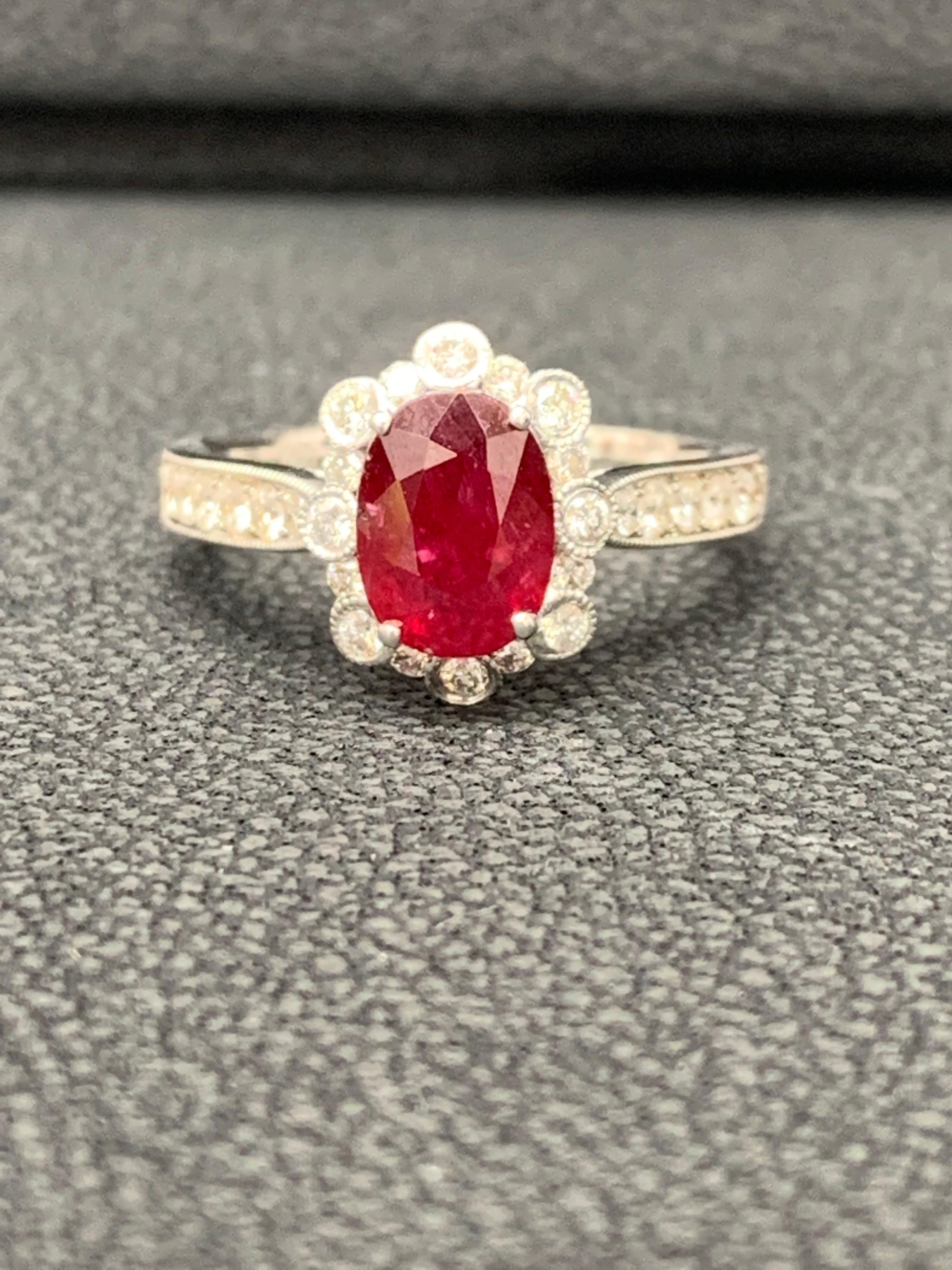 Modern Grandeur 0.83 Carat Oval Cut Ruby and Diamond Engagement Ring in 18K White Gold For Sale