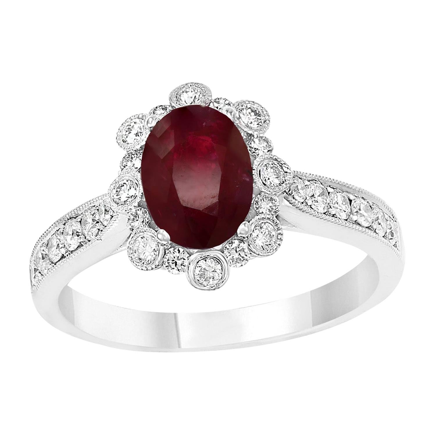 Grandeur 0.83 Carat Oval Cut Ruby and Diamond Engagement Ring in 18K White Gold For Sale
