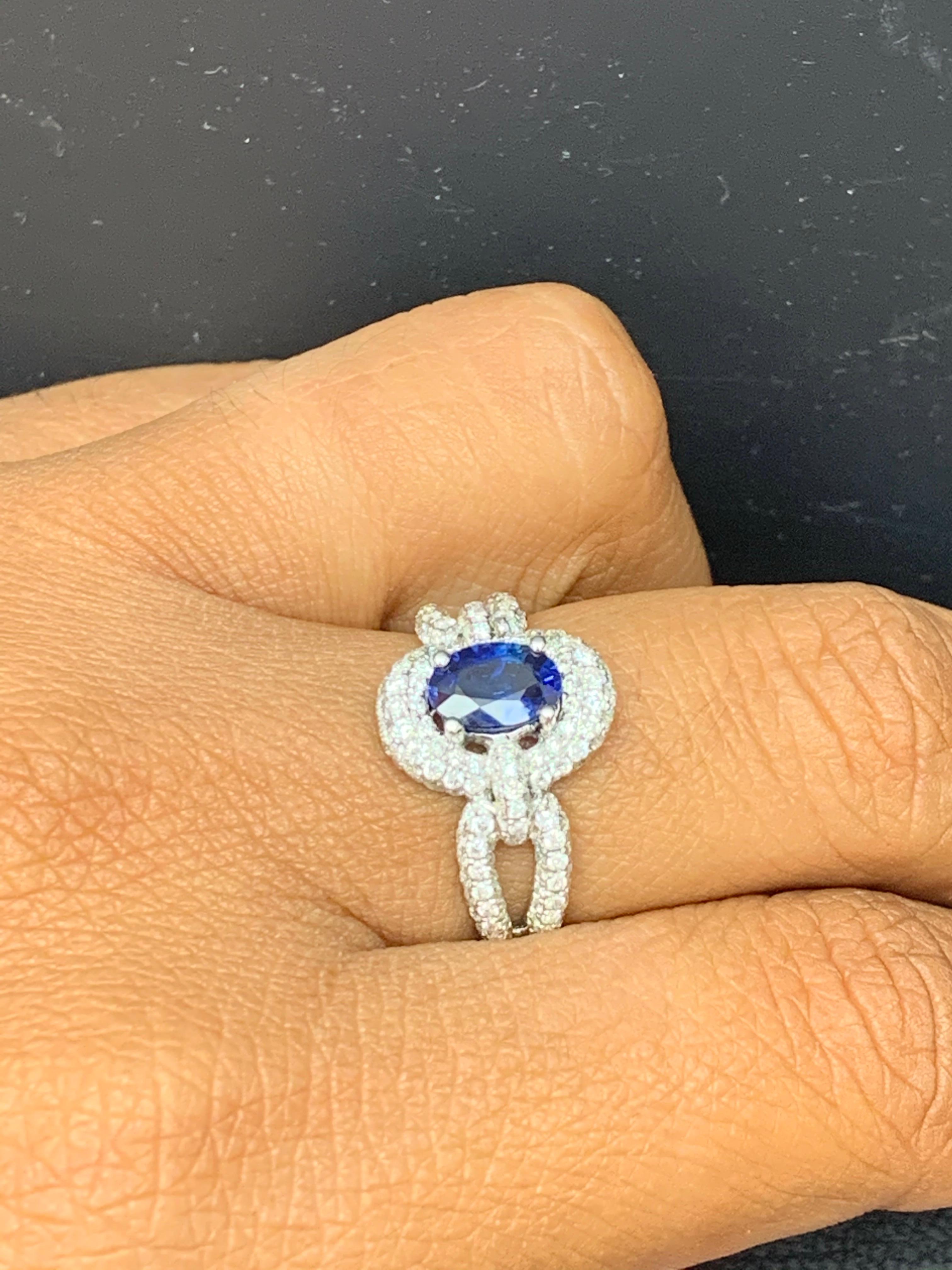 Grandeur 0.94 Carat Oval Blue Sapphire Diamond 18K White Gold Engagement Ring For Sale 10