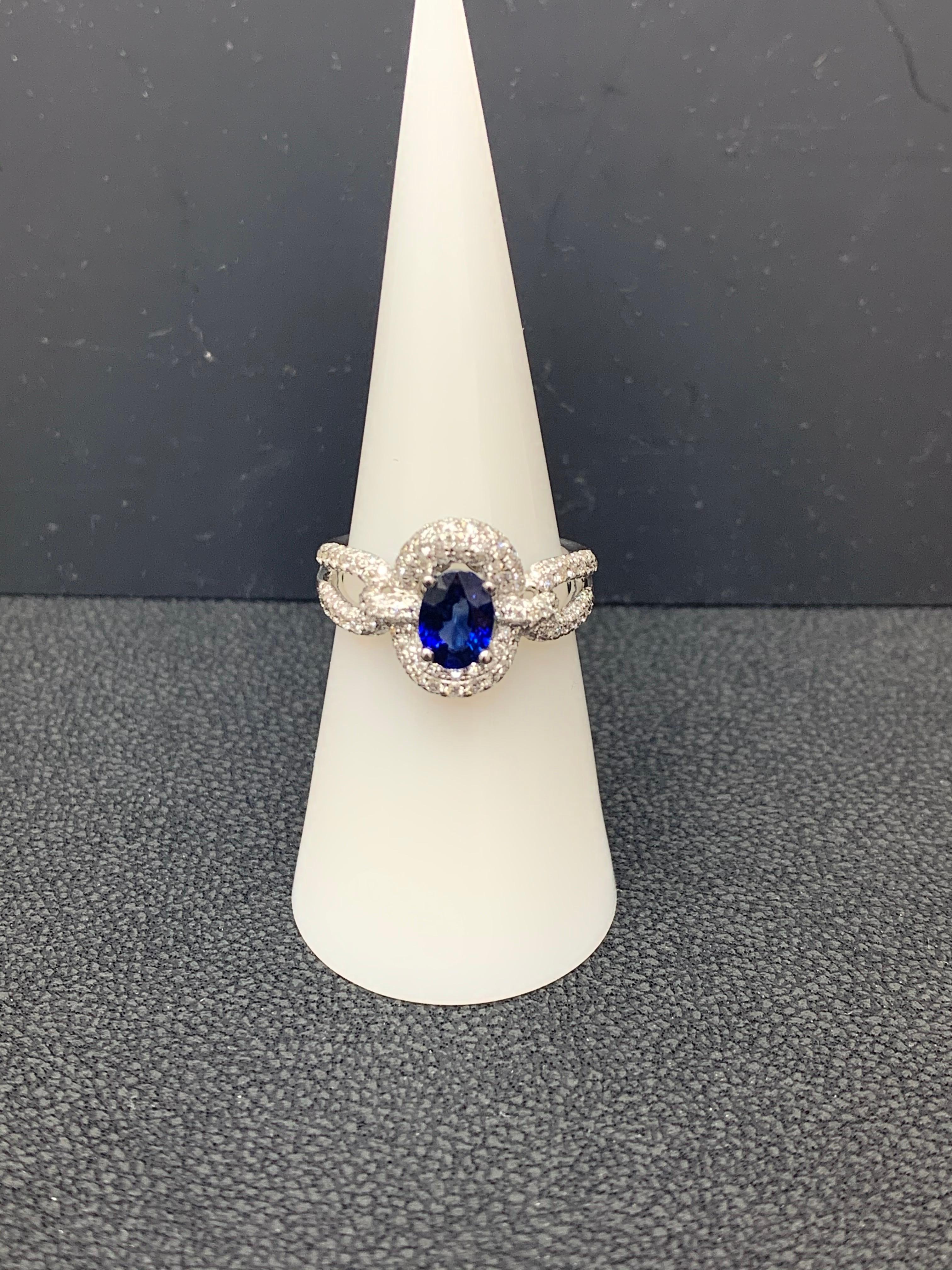 Women's Grandeur 0.94 Carat Oval Blue Sapphire Diamond 18K White Gold Engagement Ring For Sale