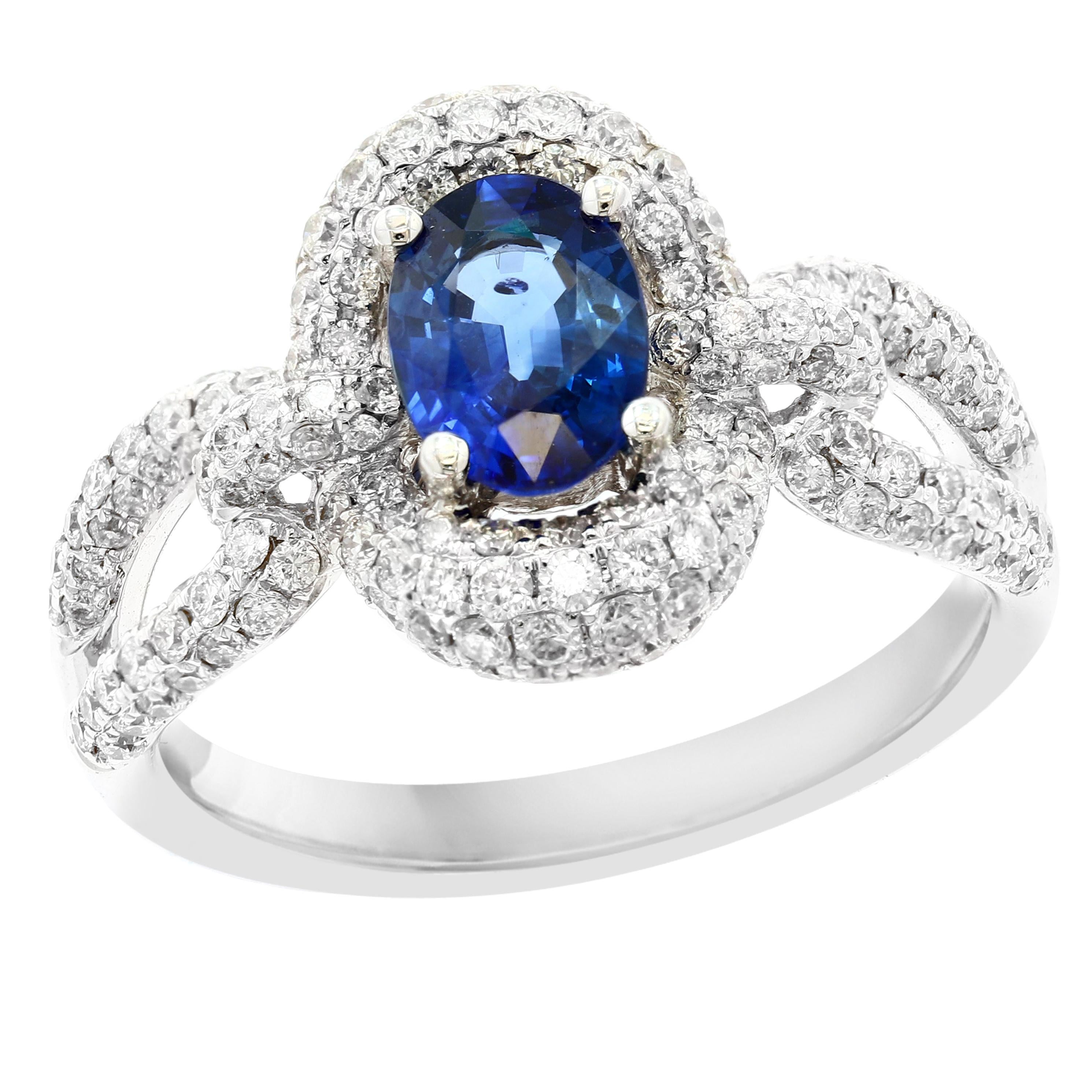 Grandeur 0.94 Carat Oval Blue Sapphire Diamond 18K White Gold Engagement Ring