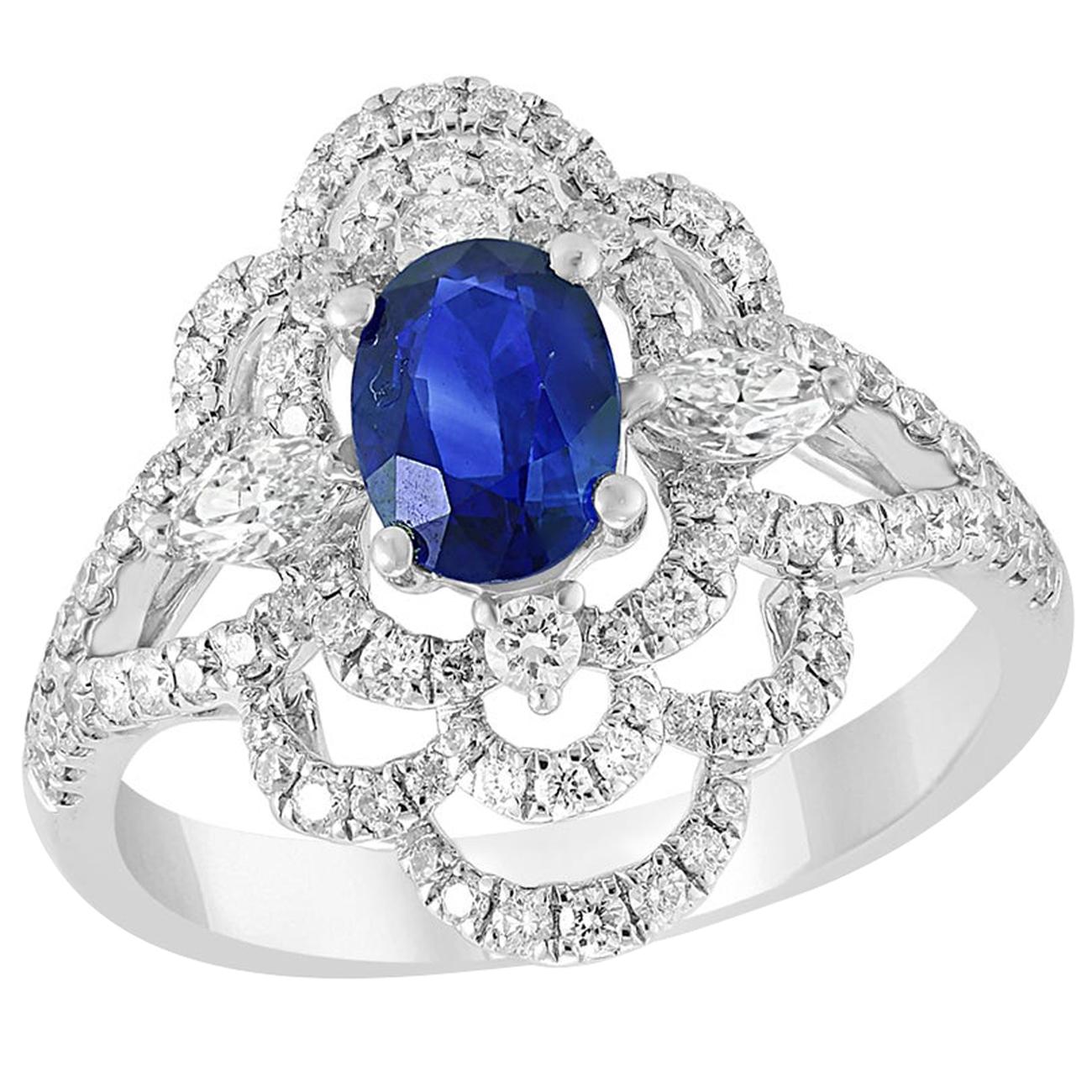 Grandeur 0.97 Carat Oval Sapphire and Diamond Engagement Ring in 18K White Gold For Sale