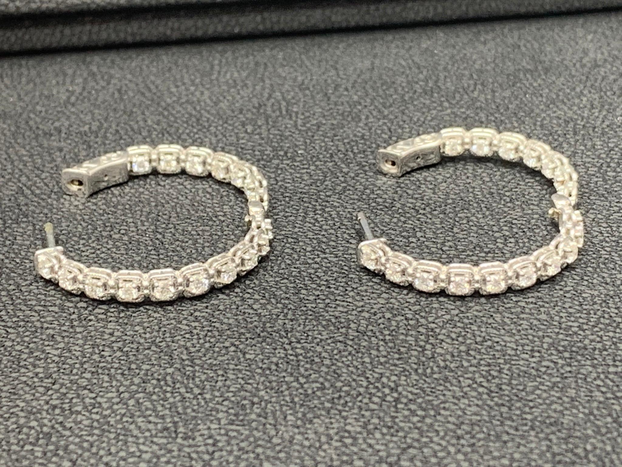 1.04 Carat Round Diamond Hoop Earrings in 14k White Gold For Sale 4