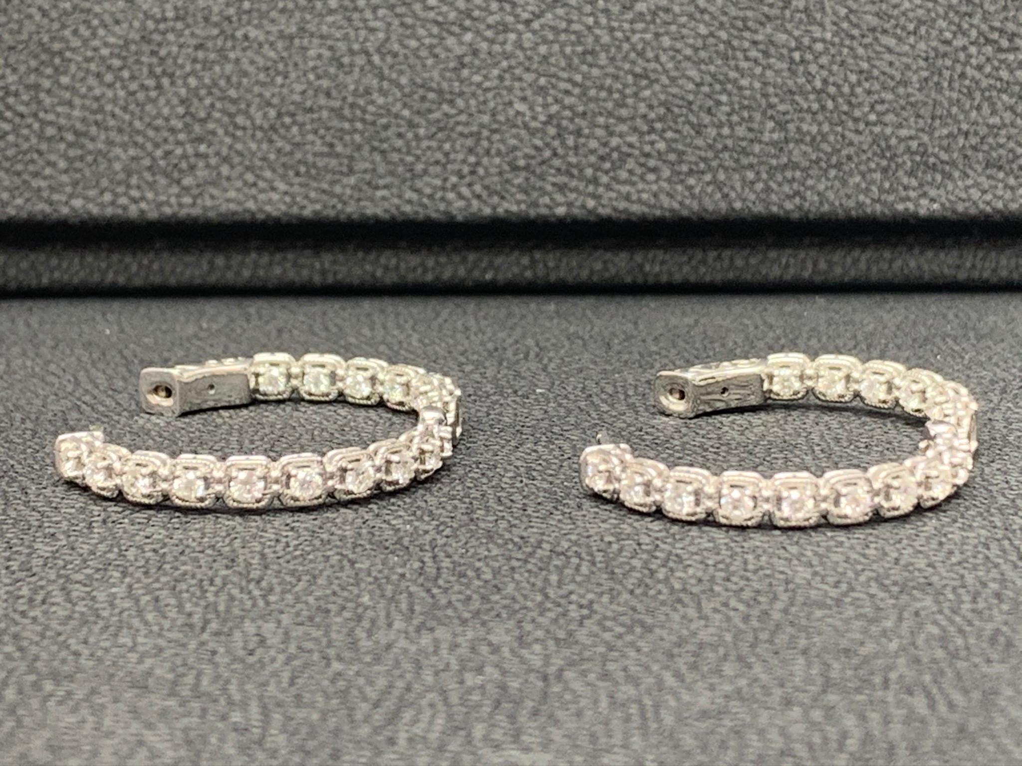 1.04 Carat Round Diamond Hoop Earrings in 14k White Gold For Sale 5