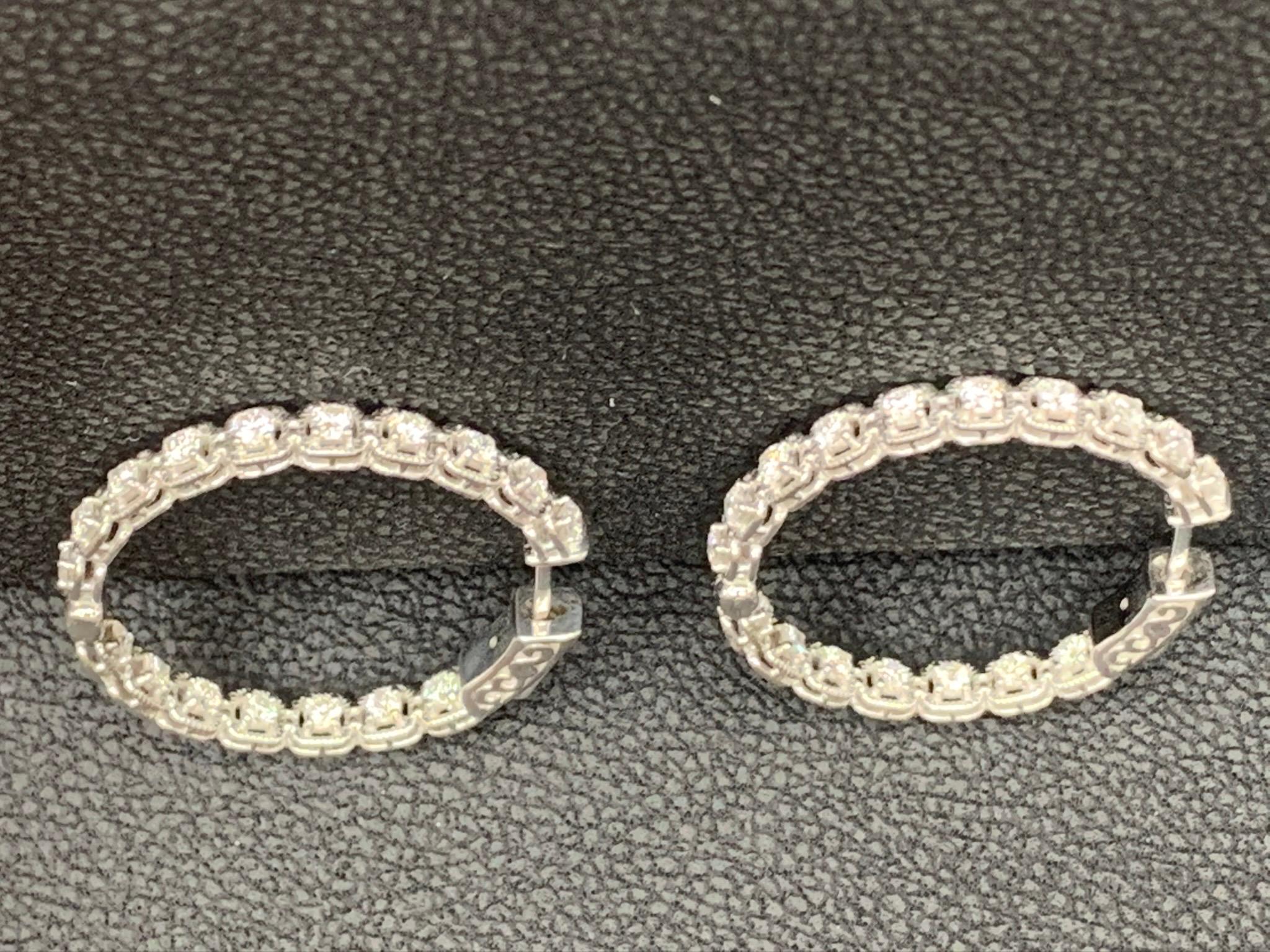 1.04 Carat Round Diamond Hoop Earrings in 14k White Gold For Sale 7
