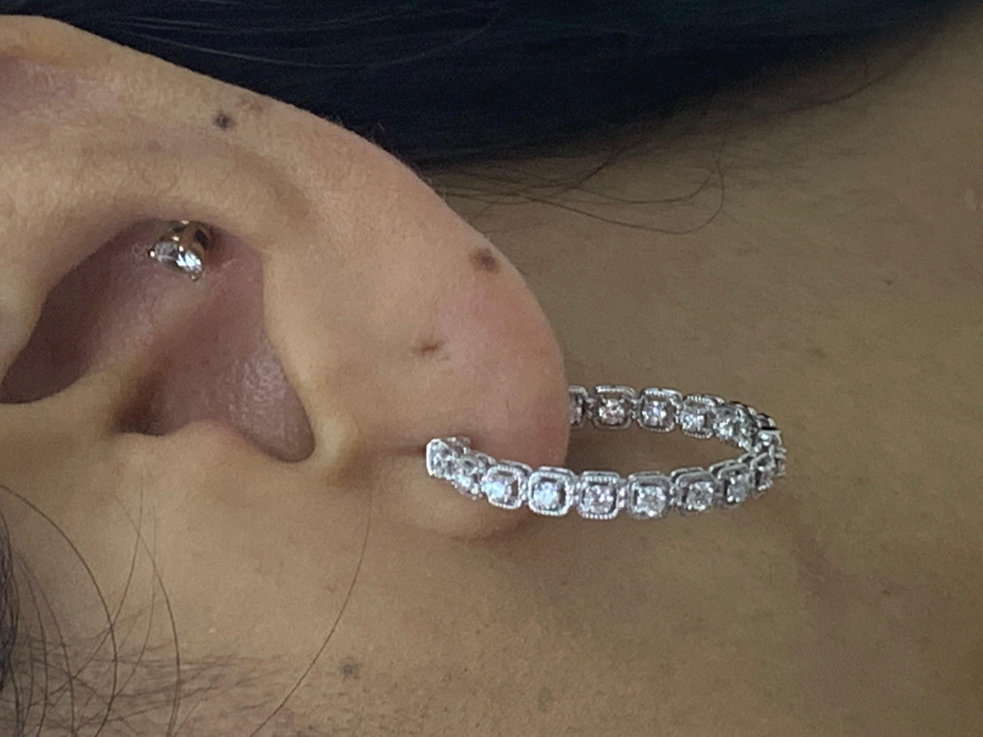 1.04 Carat Round Diamond Hoop Earrings in 14k White Gold For Sale 11