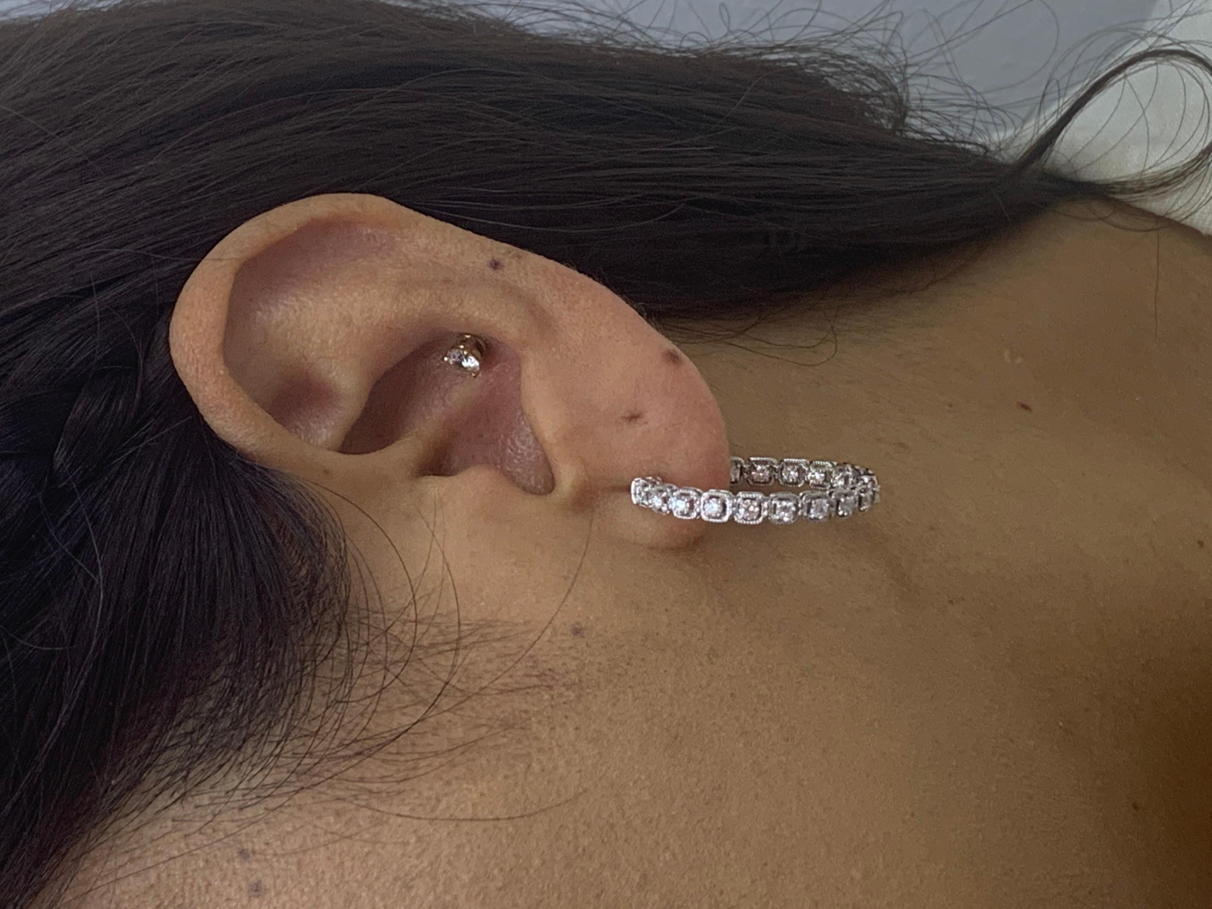 1.04 Carat Round Diamond Hoop Earrings in 14k White Gold For Sale 12