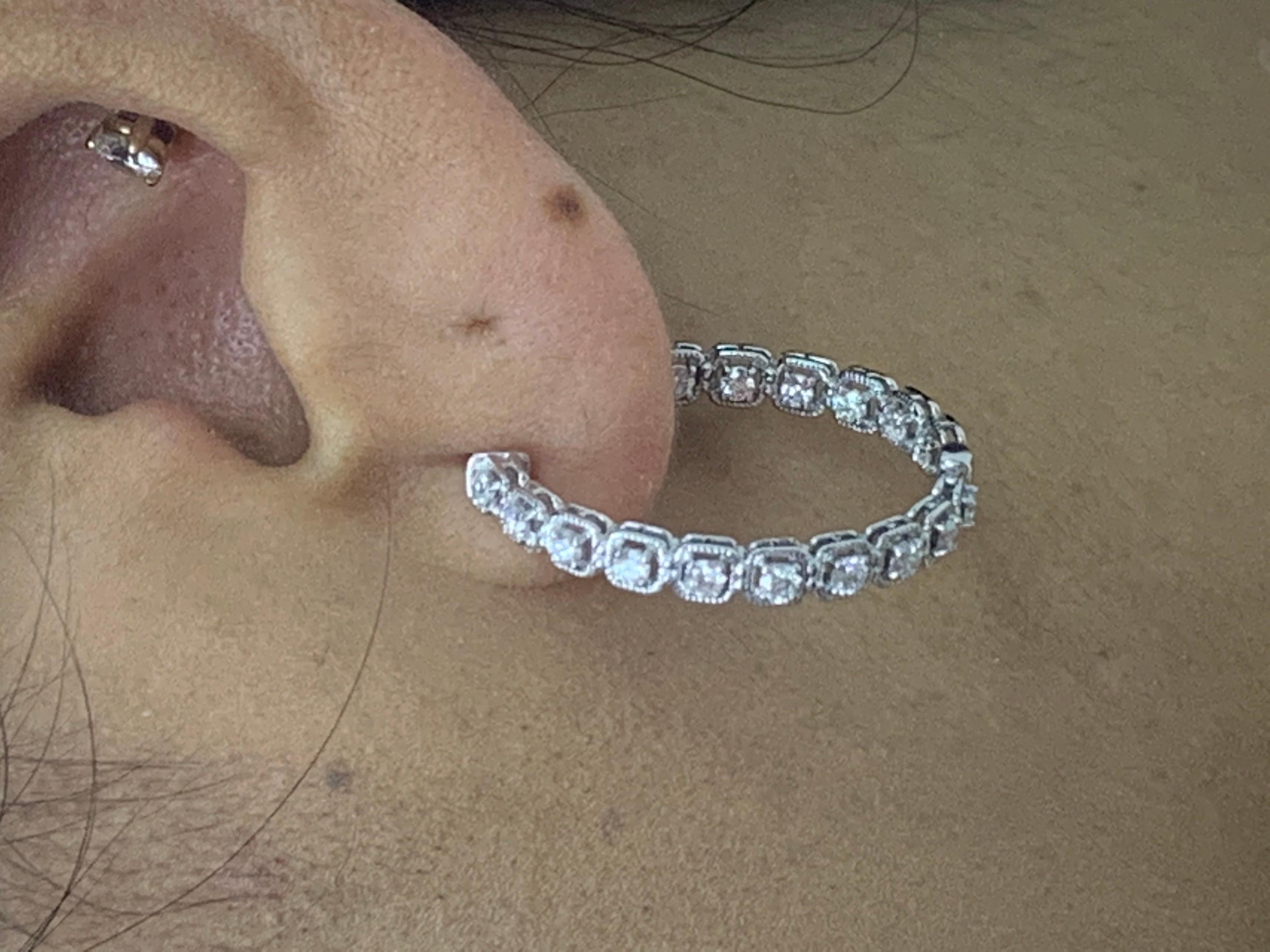 1.04 Carat Round Diamond Hoop Earrings in 14k White Gold For Sale 13