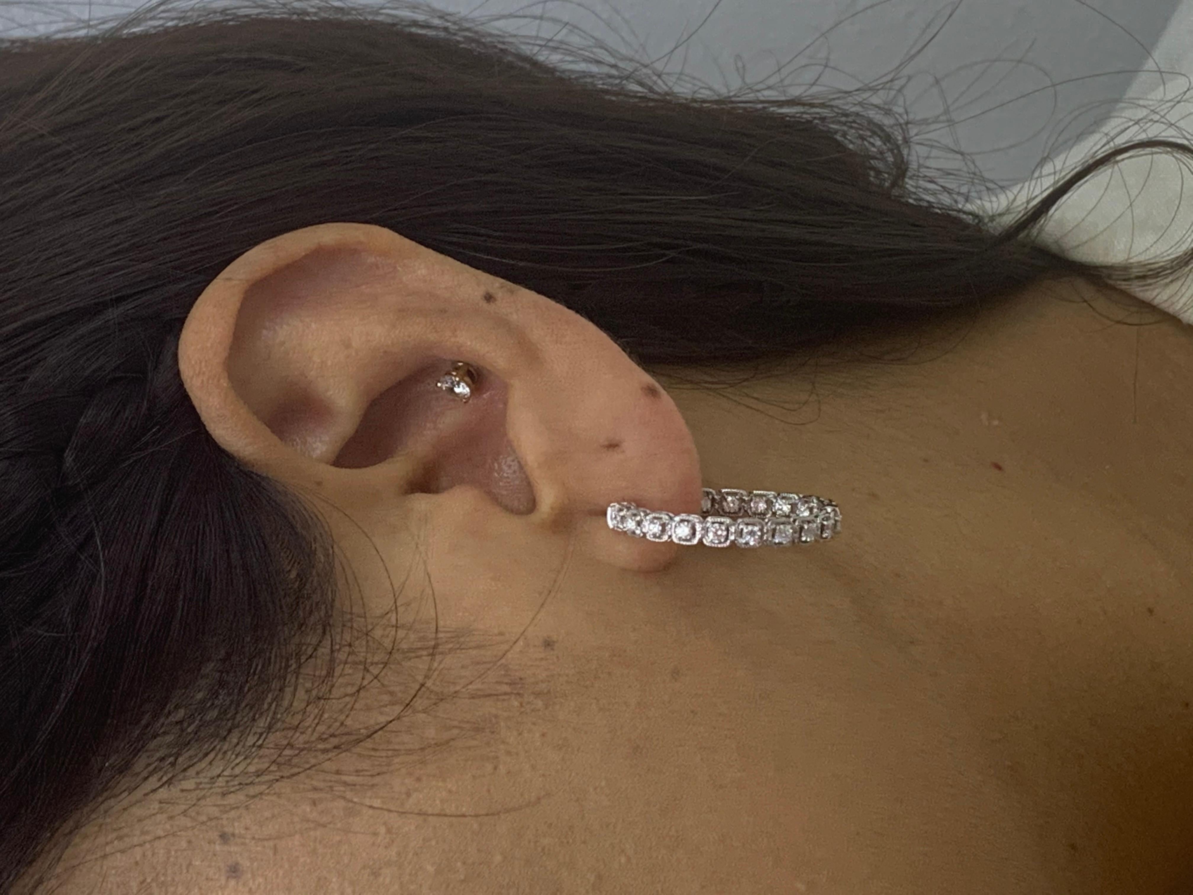 1.04 Carat Round Diamond Hoop Earrings in 14k White Gold For Sale 14