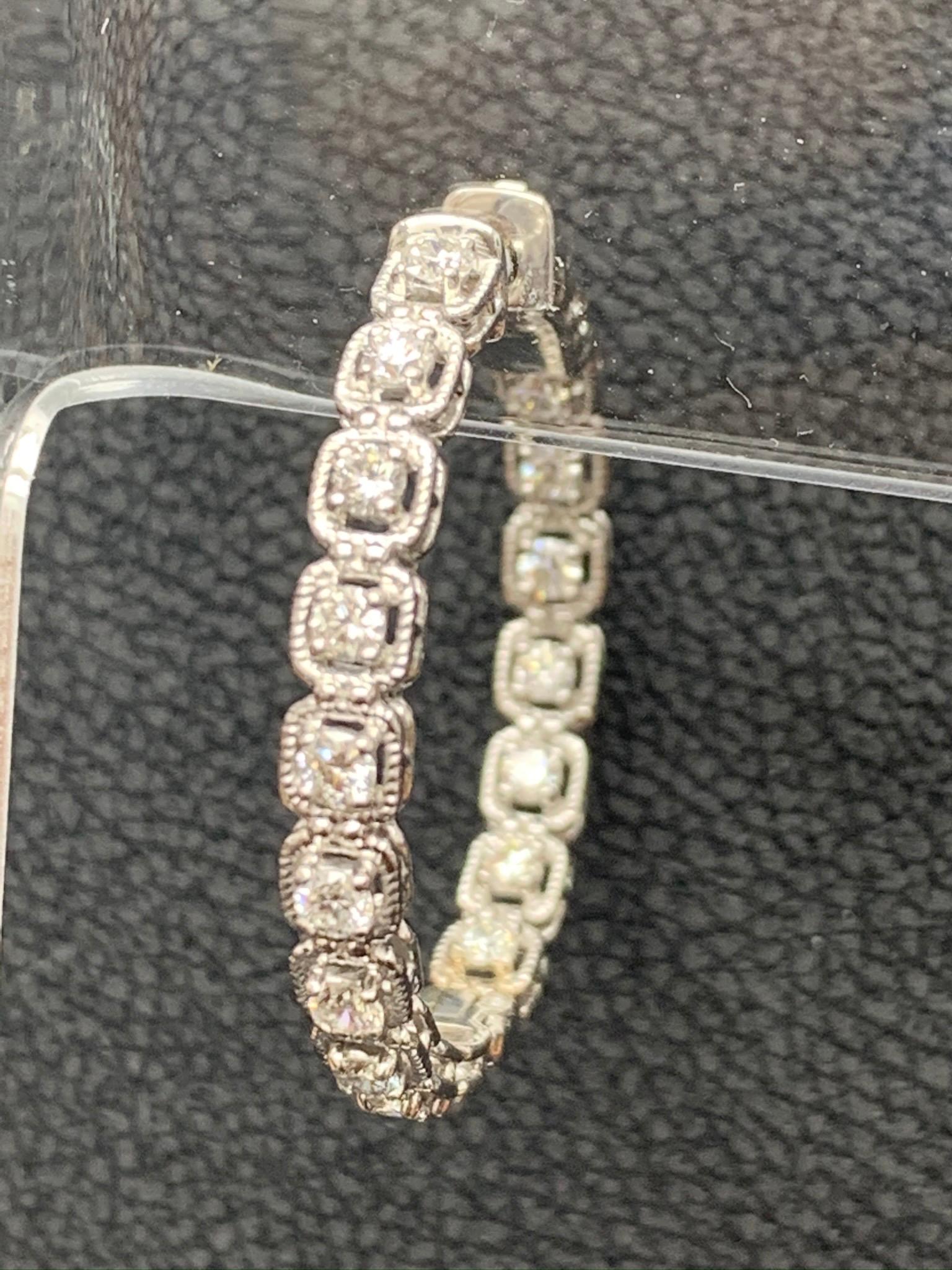 1.04 Carat Round Diamond Hoop Earrings in 14k White Gold For Sale 1