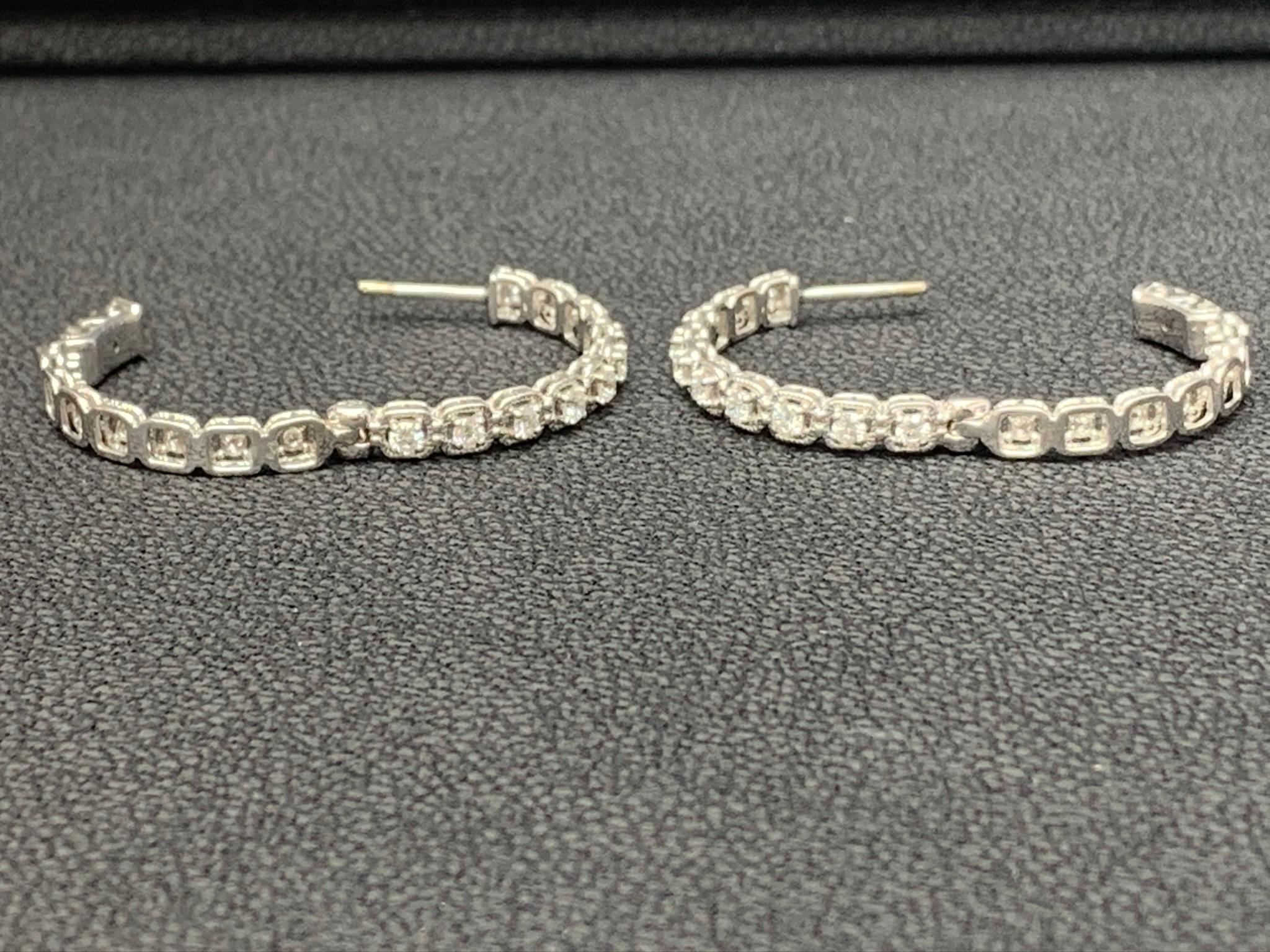 1.04 Carat Round Diamond Hoop Earrings in 14k White Gold For Sale 3