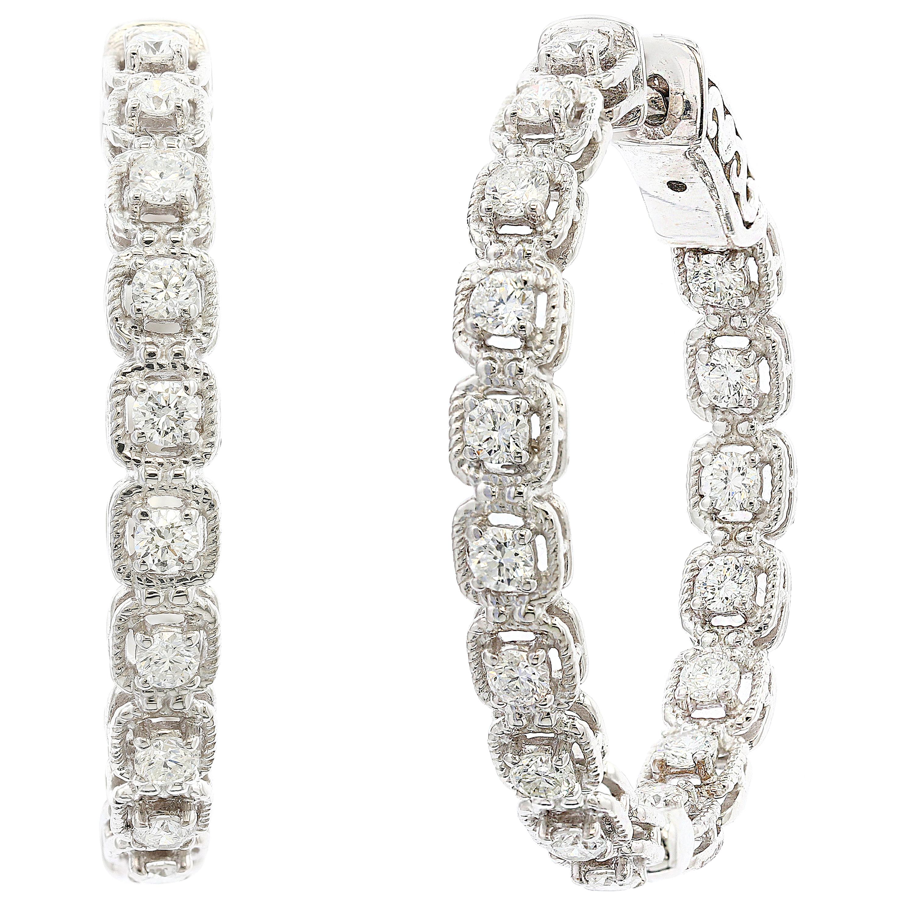 1.04 Carat Round Diamond Hoop Earrings in 14k White Gold For Sale
