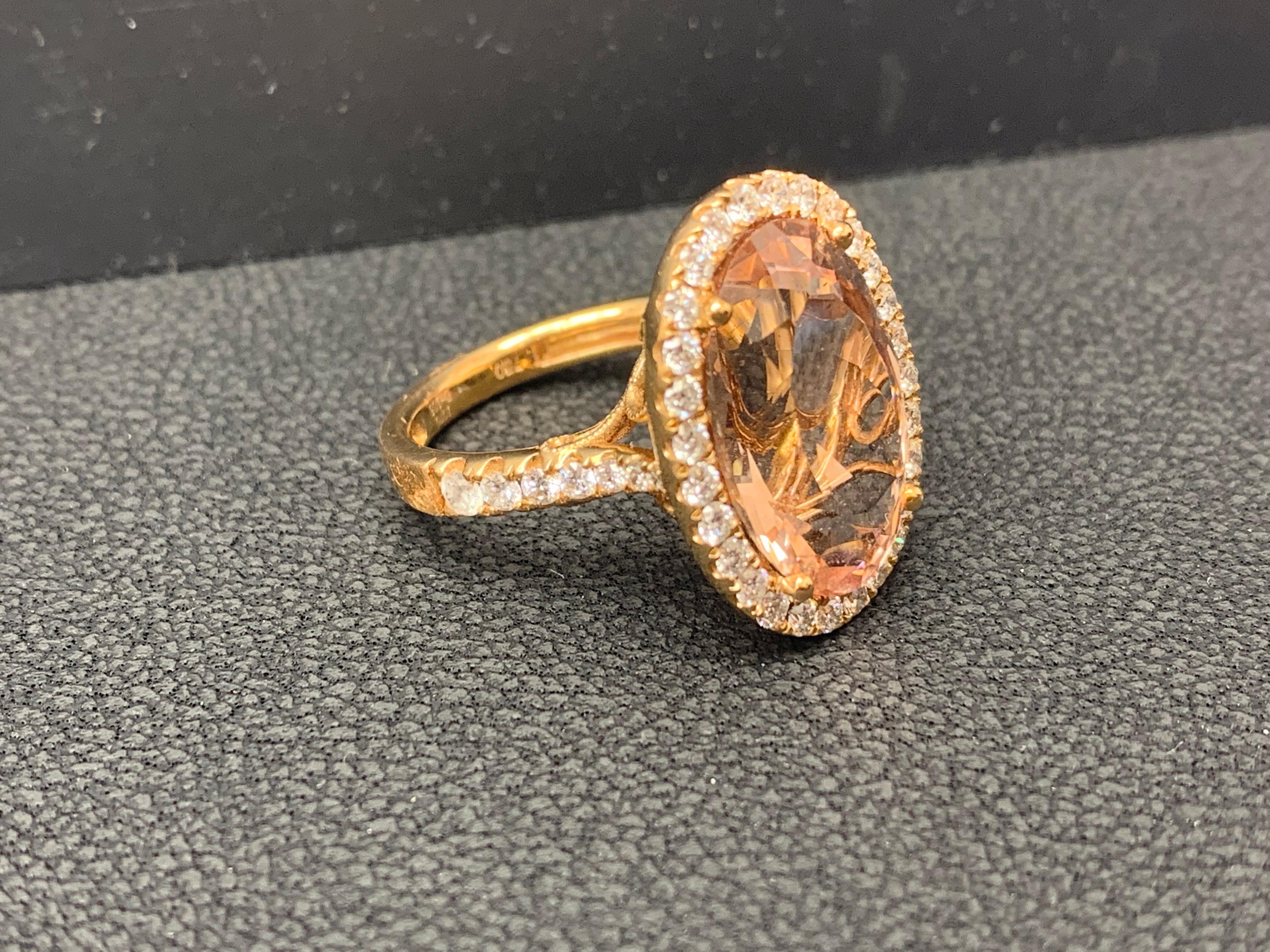 10.70 Carat Oval Shape Morganite and Diamond 18K Rose Gold Cocktail Ring For Sale 10