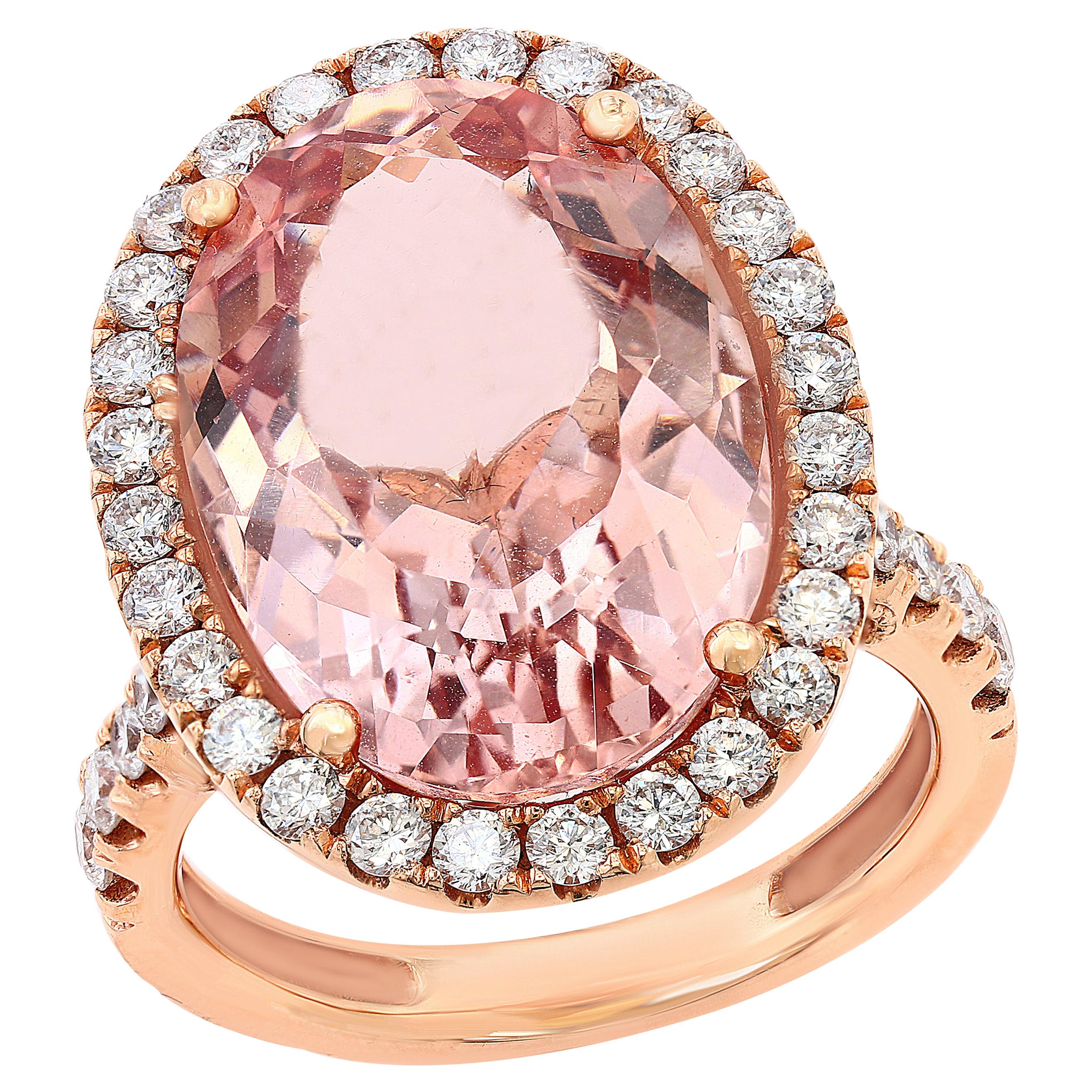 10.70 Carat Oval Shape Morganite and Diamond 18K Rose Gold Cocktail Ring For Sale