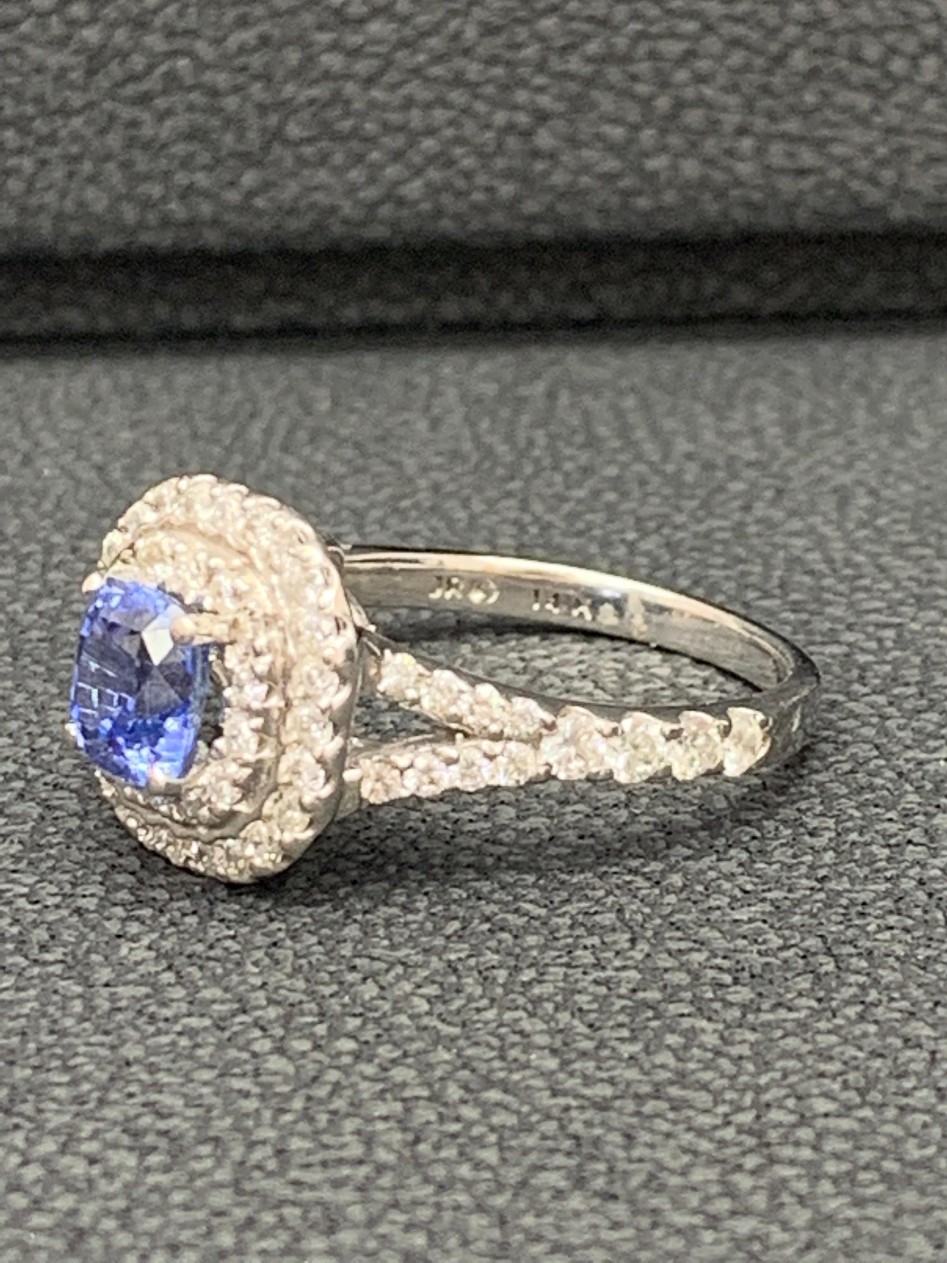 Modern Grandeur 1.20 Ct Cushion Sapphire and Diamond Engagement Ring in 14K White Gold For Sale