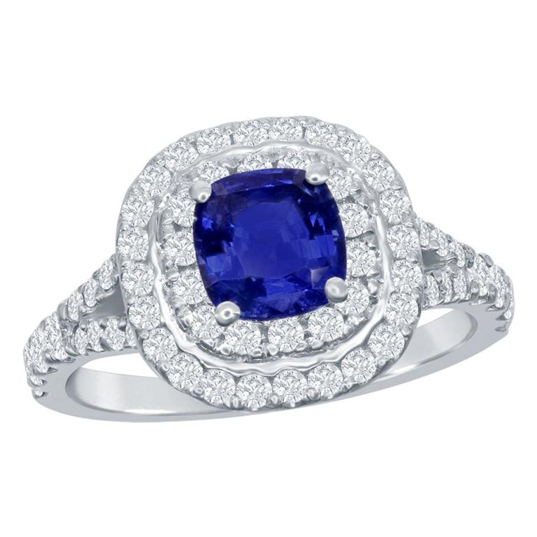 Grandeur 1.20 Ct Cushion Sapphire and Diamond Engagement Ring in 14K White Gold For Sale
