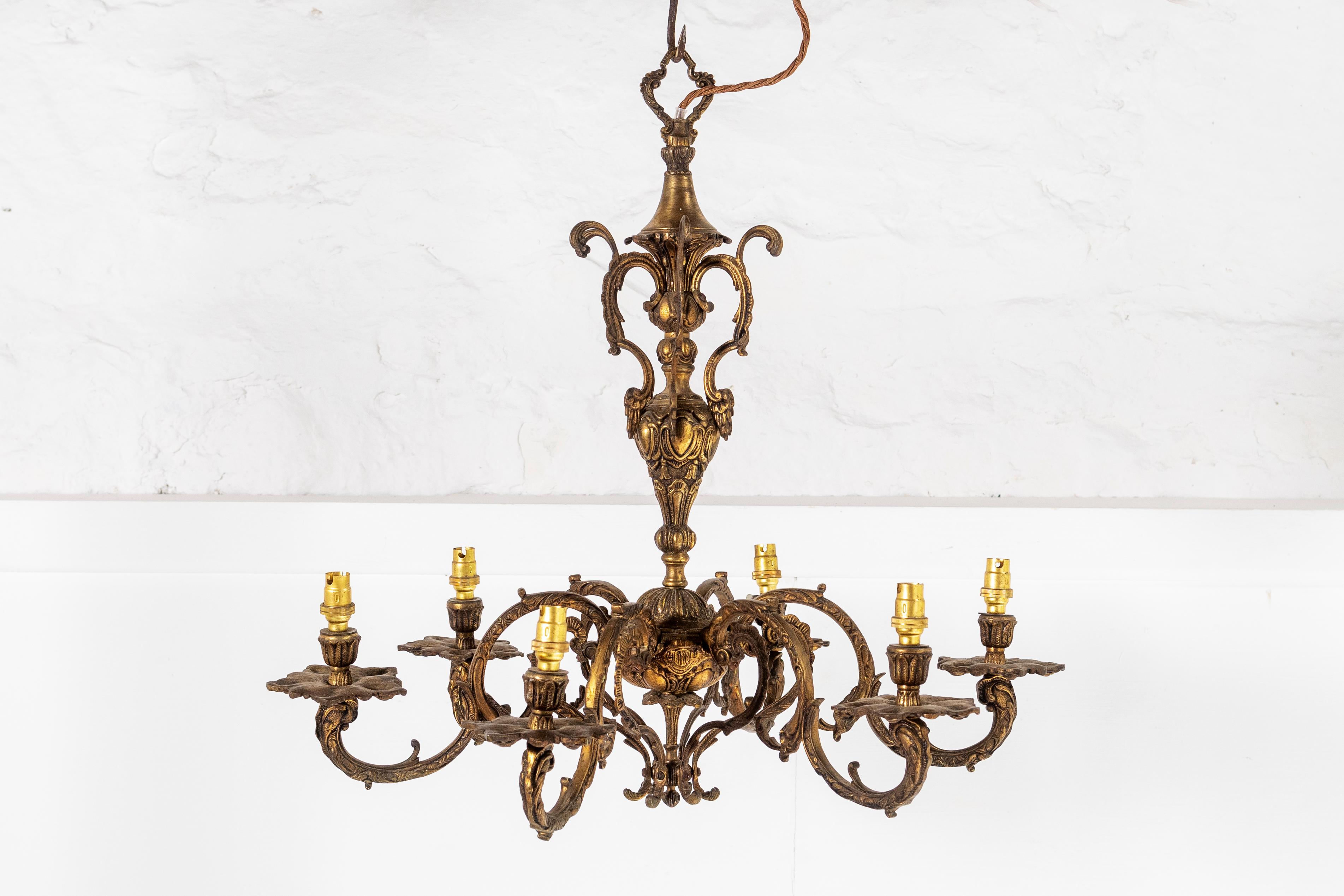 Rococo Grandeur 1920s French Gilded Heavy Cast Bronze Ormolu 6 Arm Chandelier For Sale