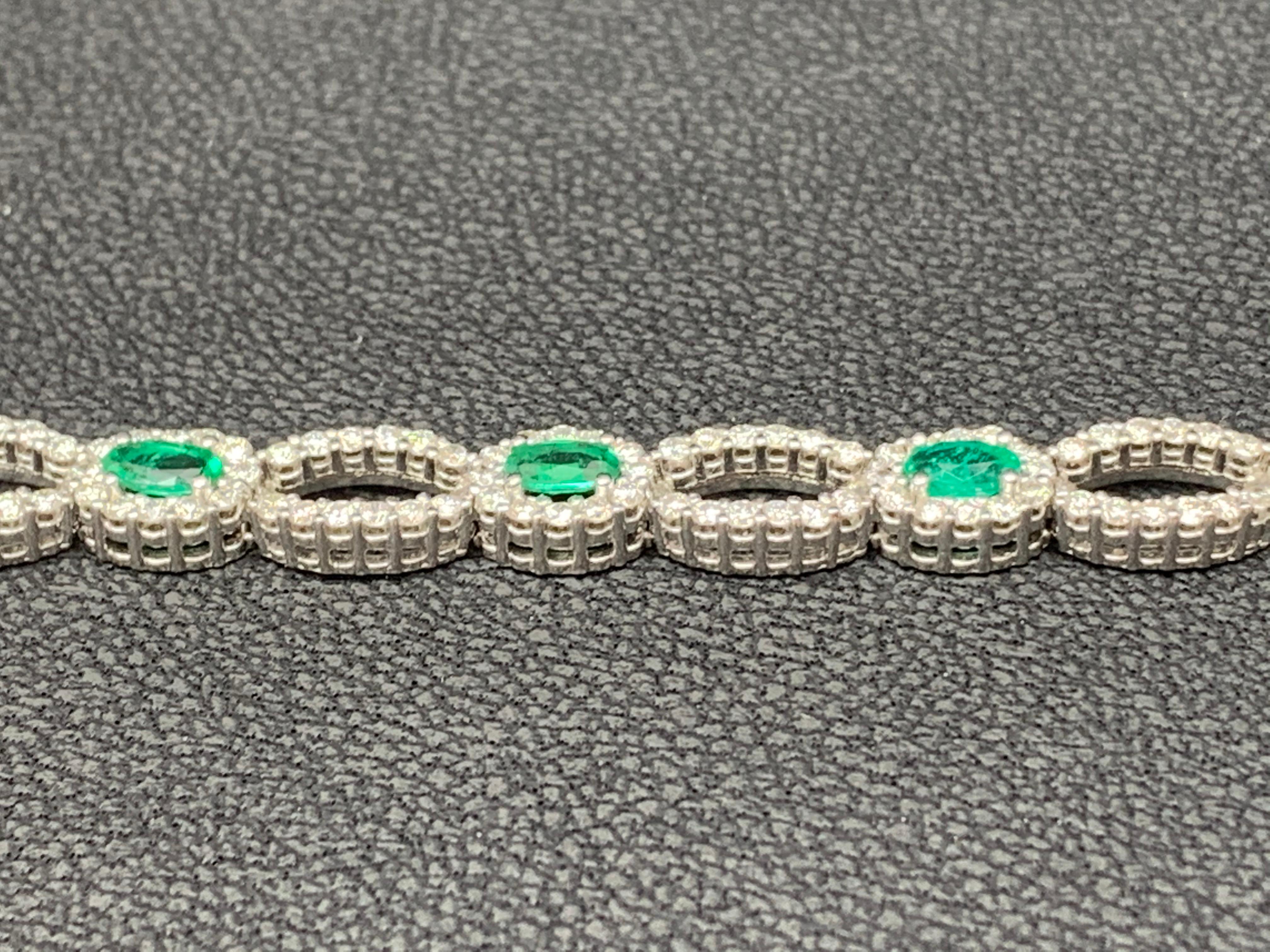 Contemporary 2.13 Carat Oval Cut Emerald and Diamond 14K White Gold Tennis Bracelet For Sale