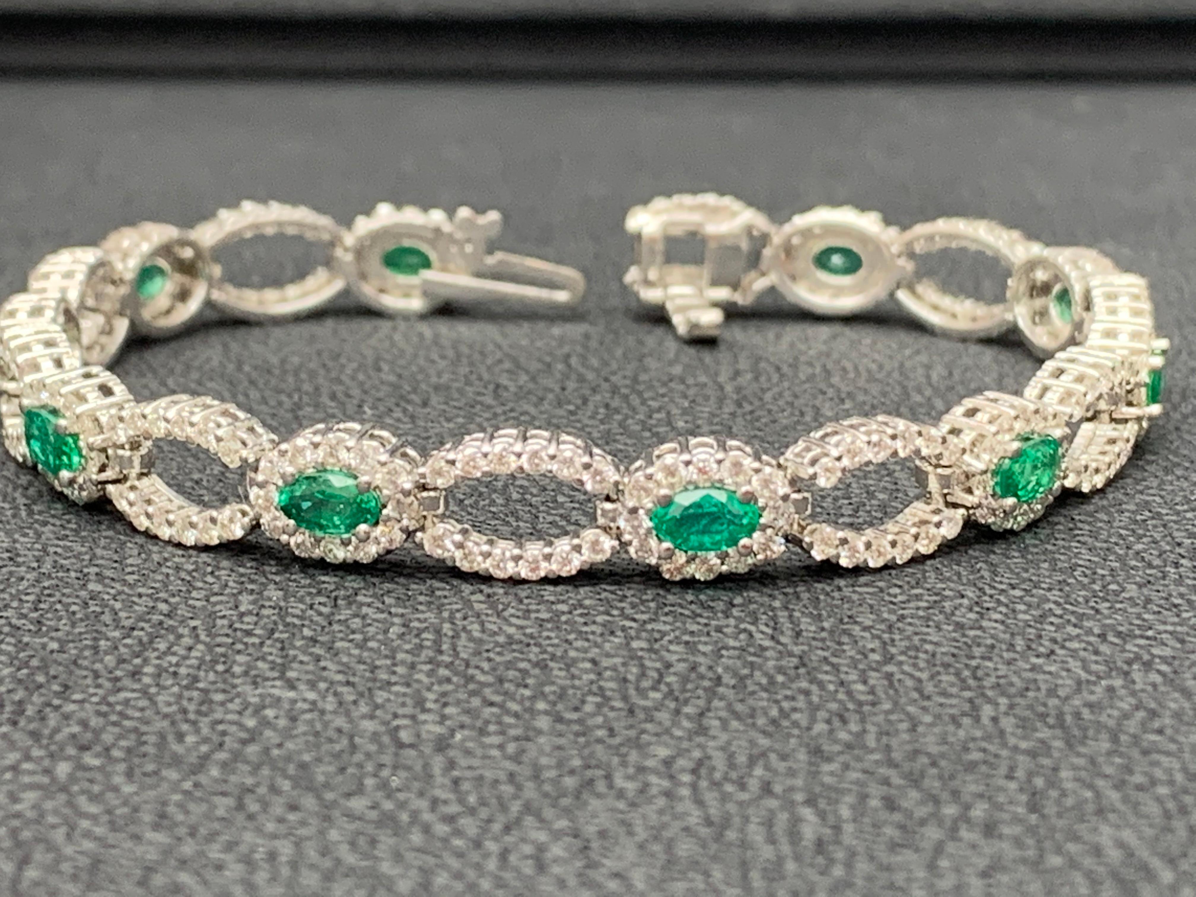 2.13 Carat Oval Cut Emerald and Diamond 14K White Gold Tennis Bracelet For Sale 2