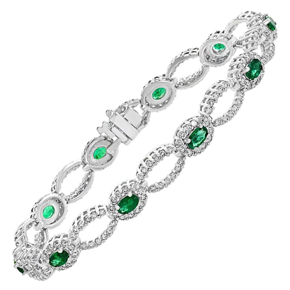2.13 Carat Oval Cut Emerald and Diamond 14K White Gold Tennis Bracelet For Sale