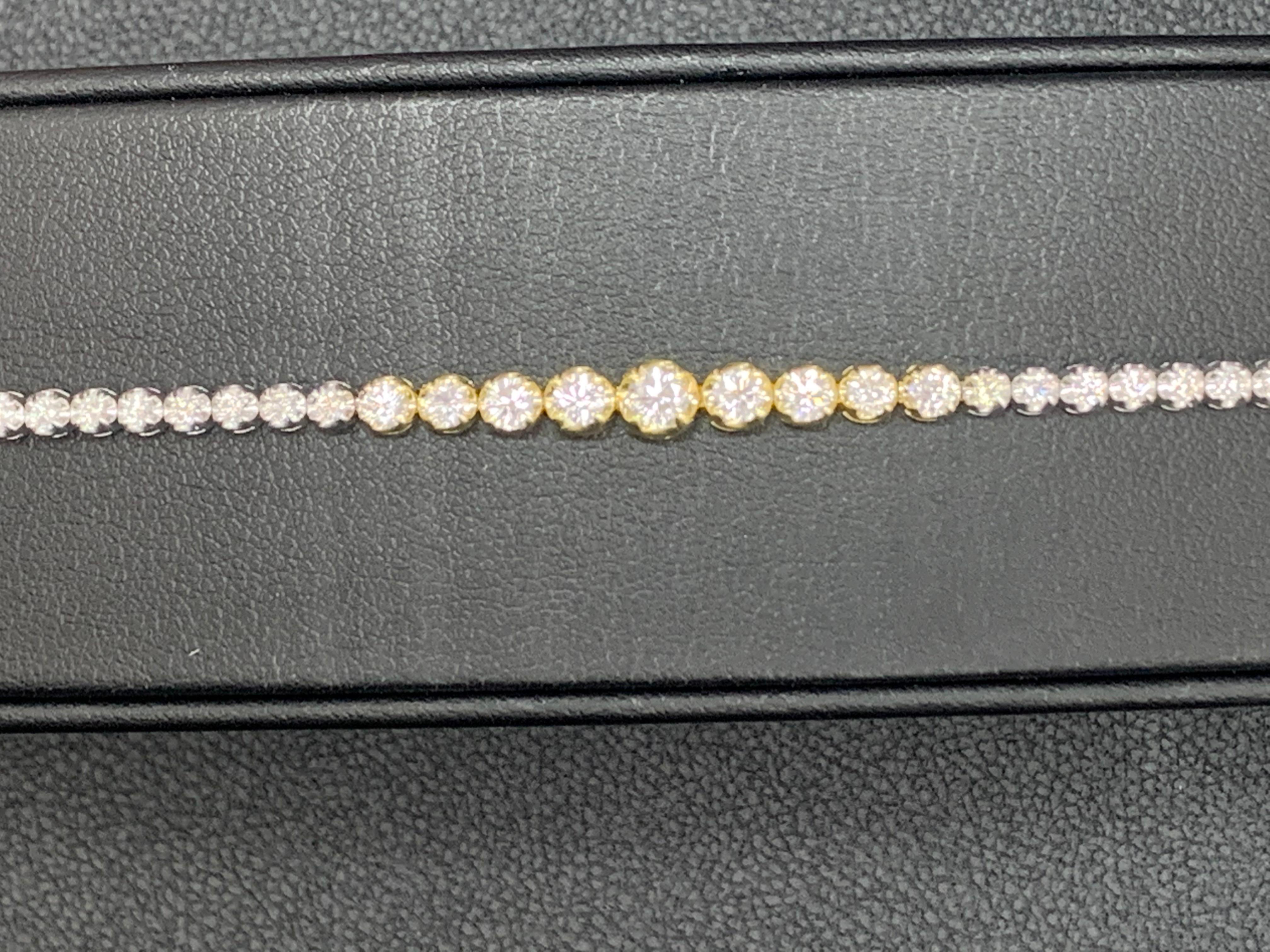 Grandeur 2.25 Carat Round Cut Diamond Tennis Bracelet in Yellow and White Gold For Sale 3