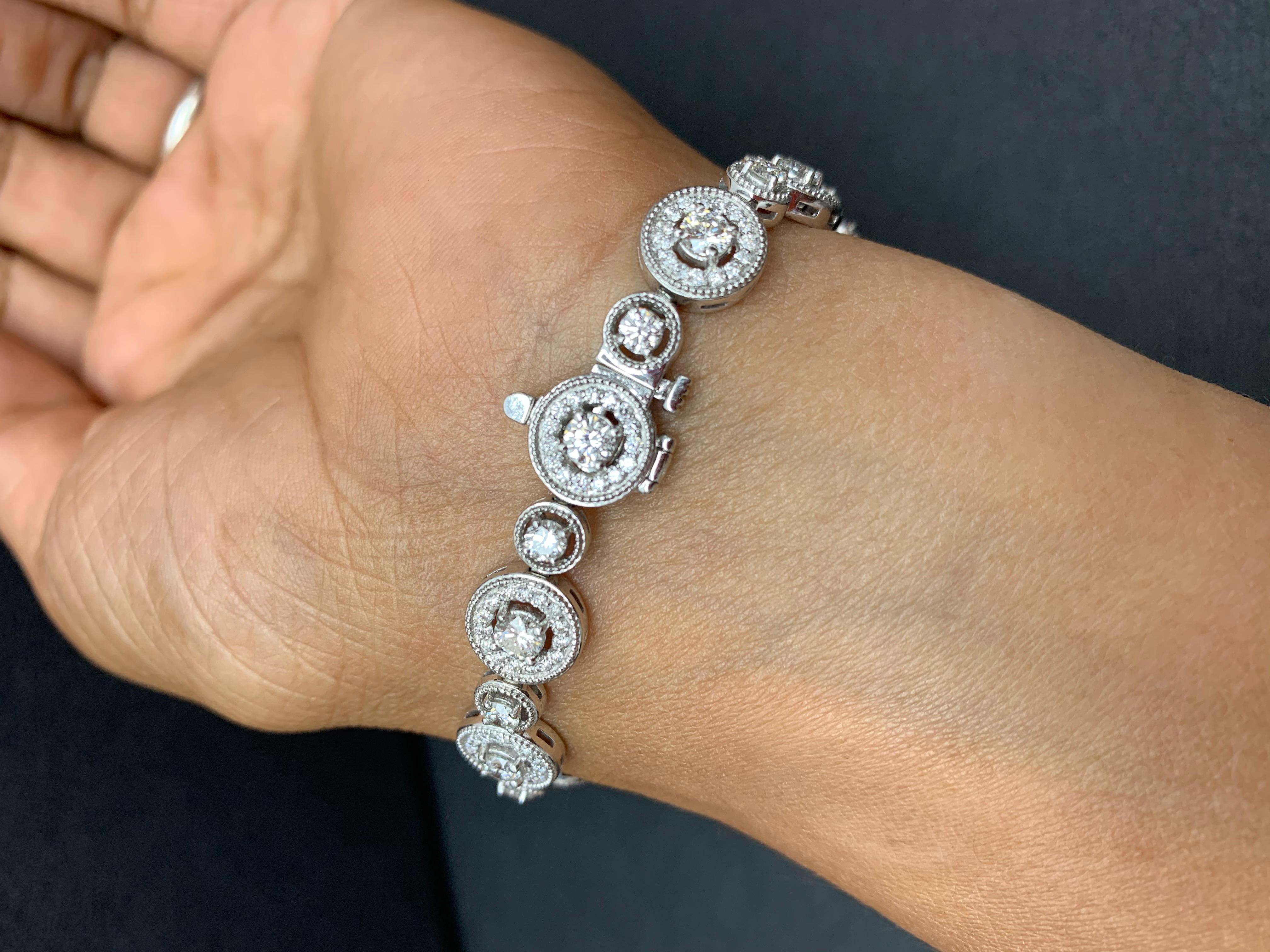2.87 Carats Diamond White Gold Halo Tennis Bracelet in 14K For Sale 9