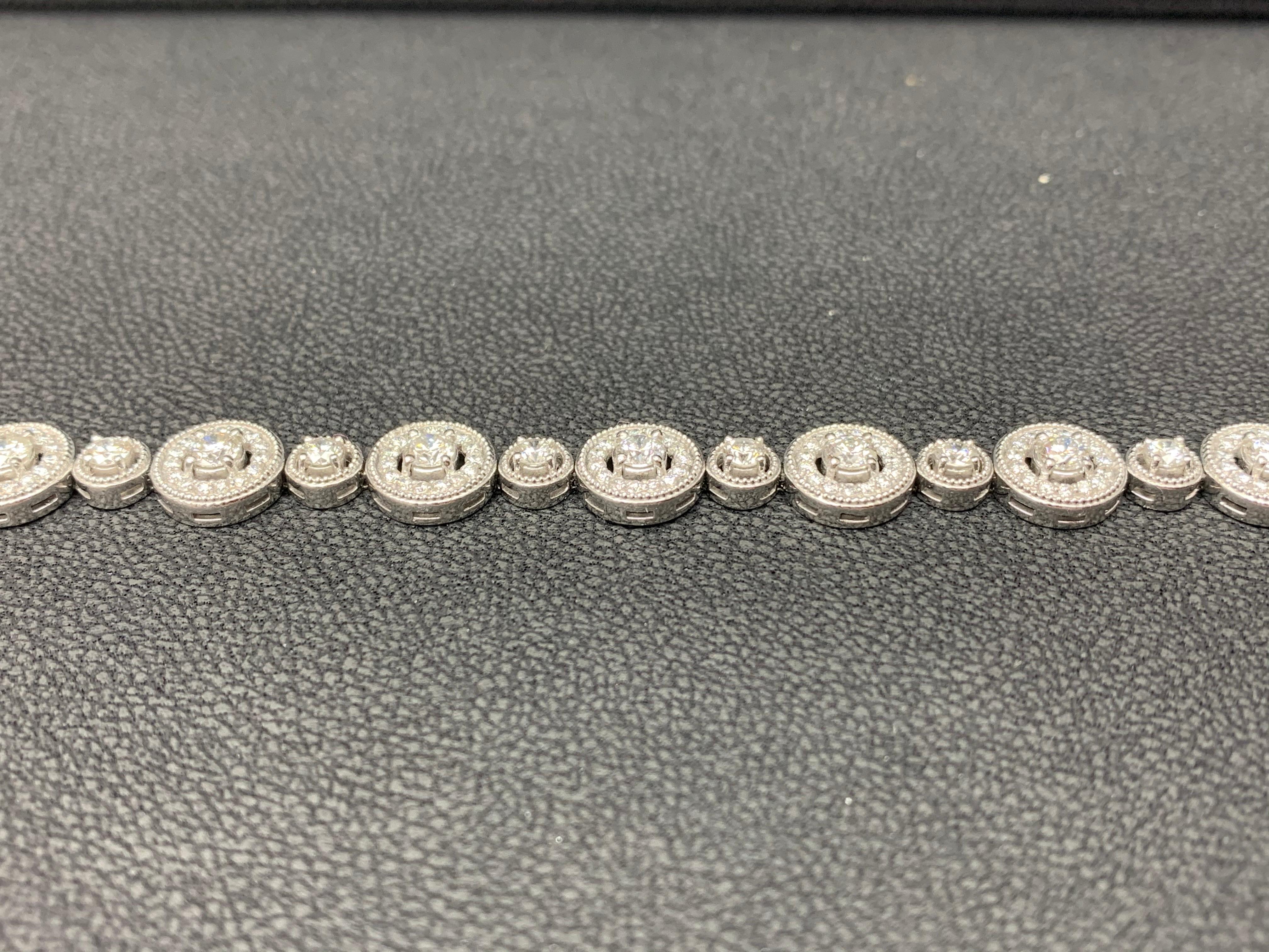 Round Cut 2.87 Carats Diamond White Gold Halo Tennis Bracelet in 14K For Sale