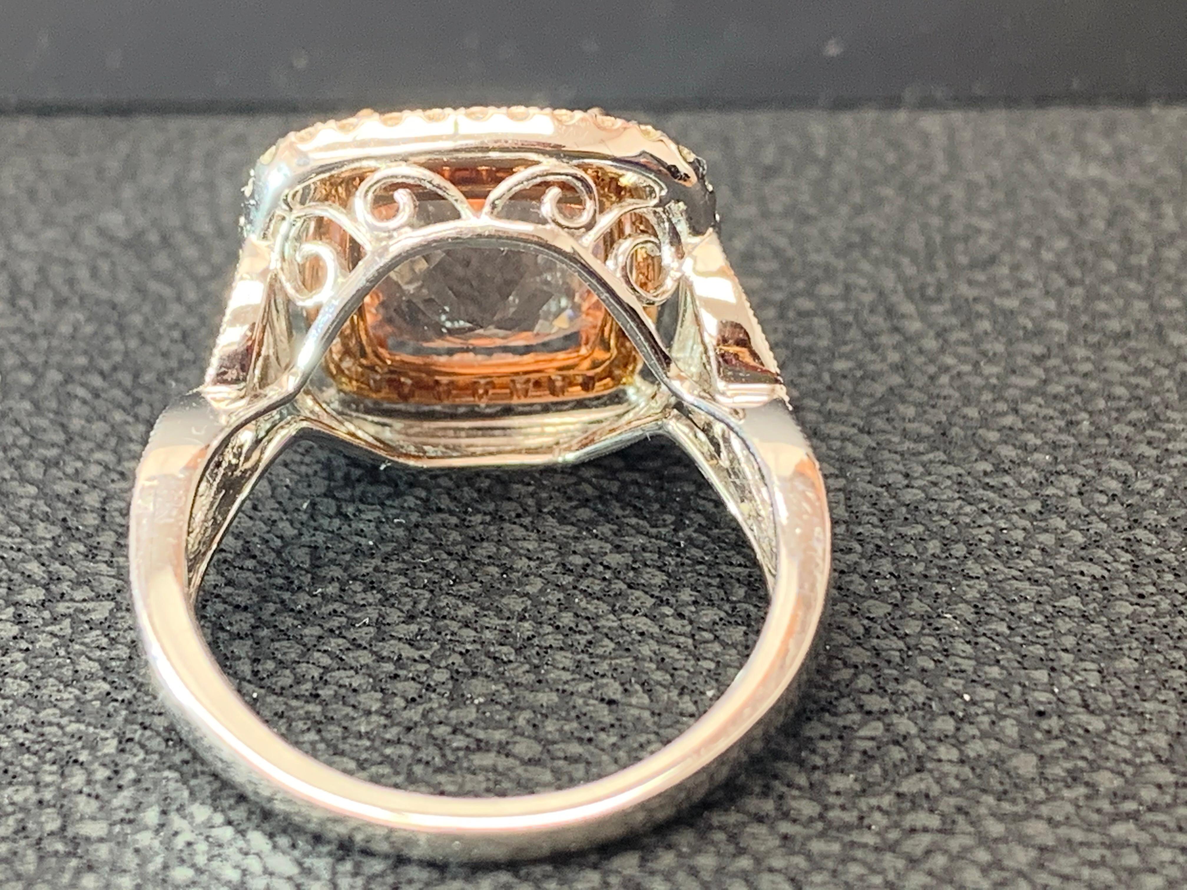 3.52 Carat Cushion Cut Morganite and Diamond 14K Mix Gold Cocktail Ring For Sale 4