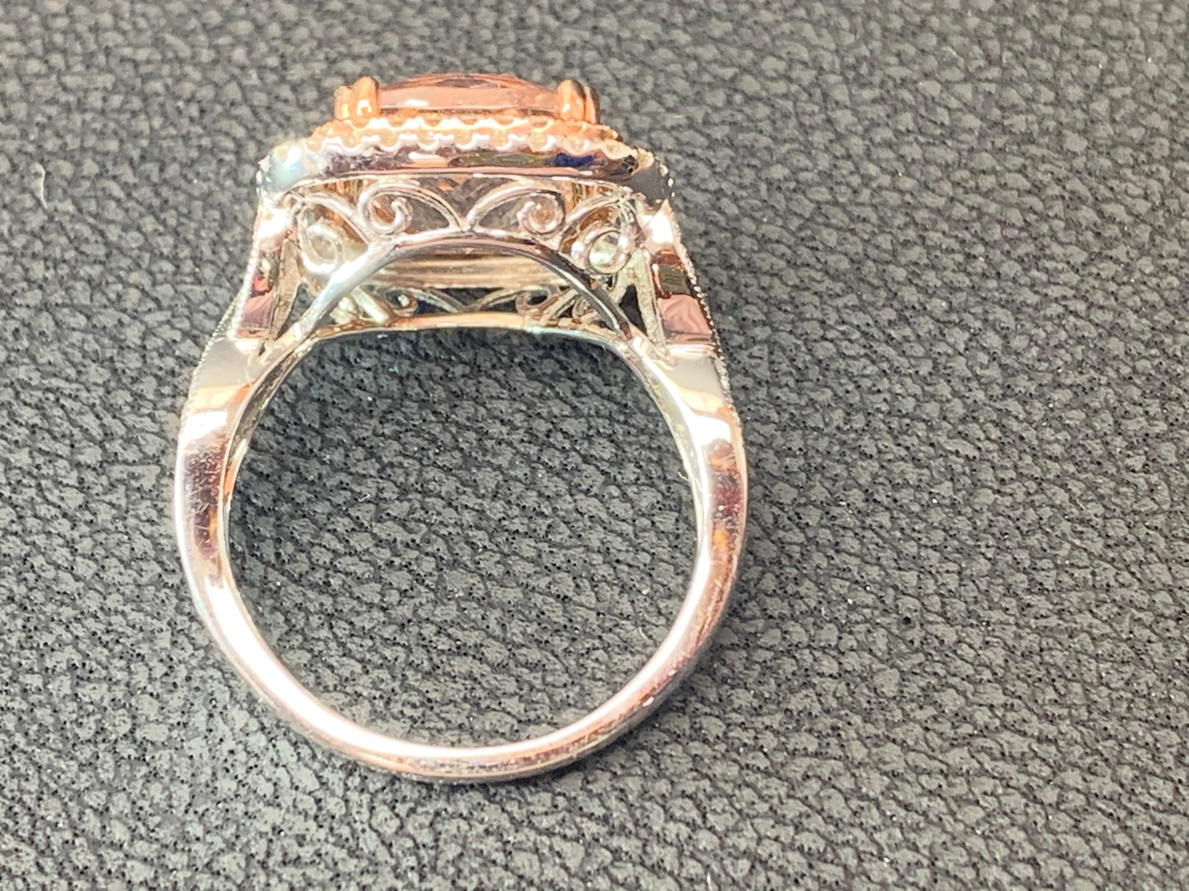 3.52 Carat Cushion Cut Morganite and Diamond 14K Mix Gold Cocktail Ring For Sale 5