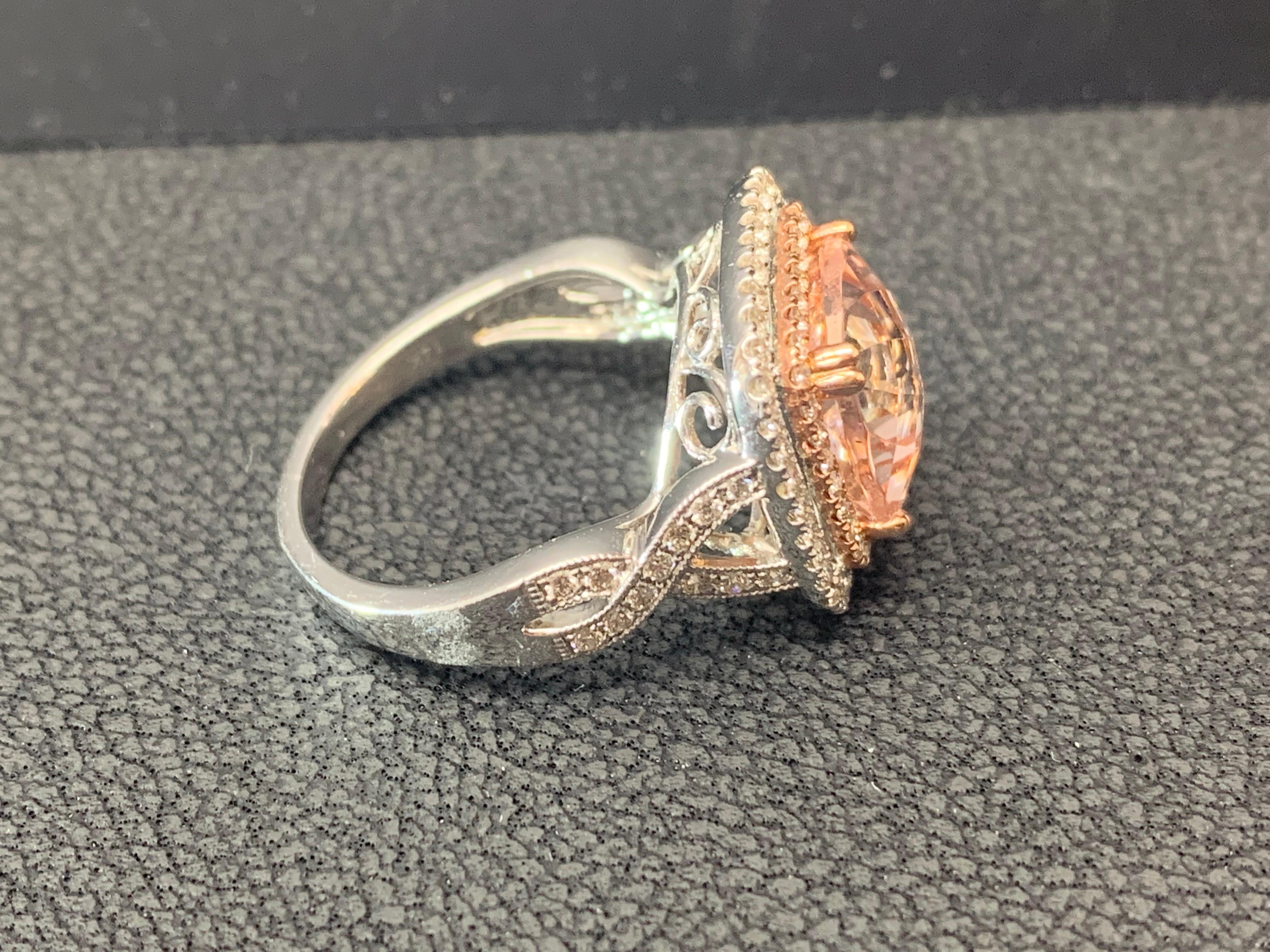 3.52 Carat Cushion Cut Morganite and Diamond 14K Mix Gold Cocktail Ring For Sale 7