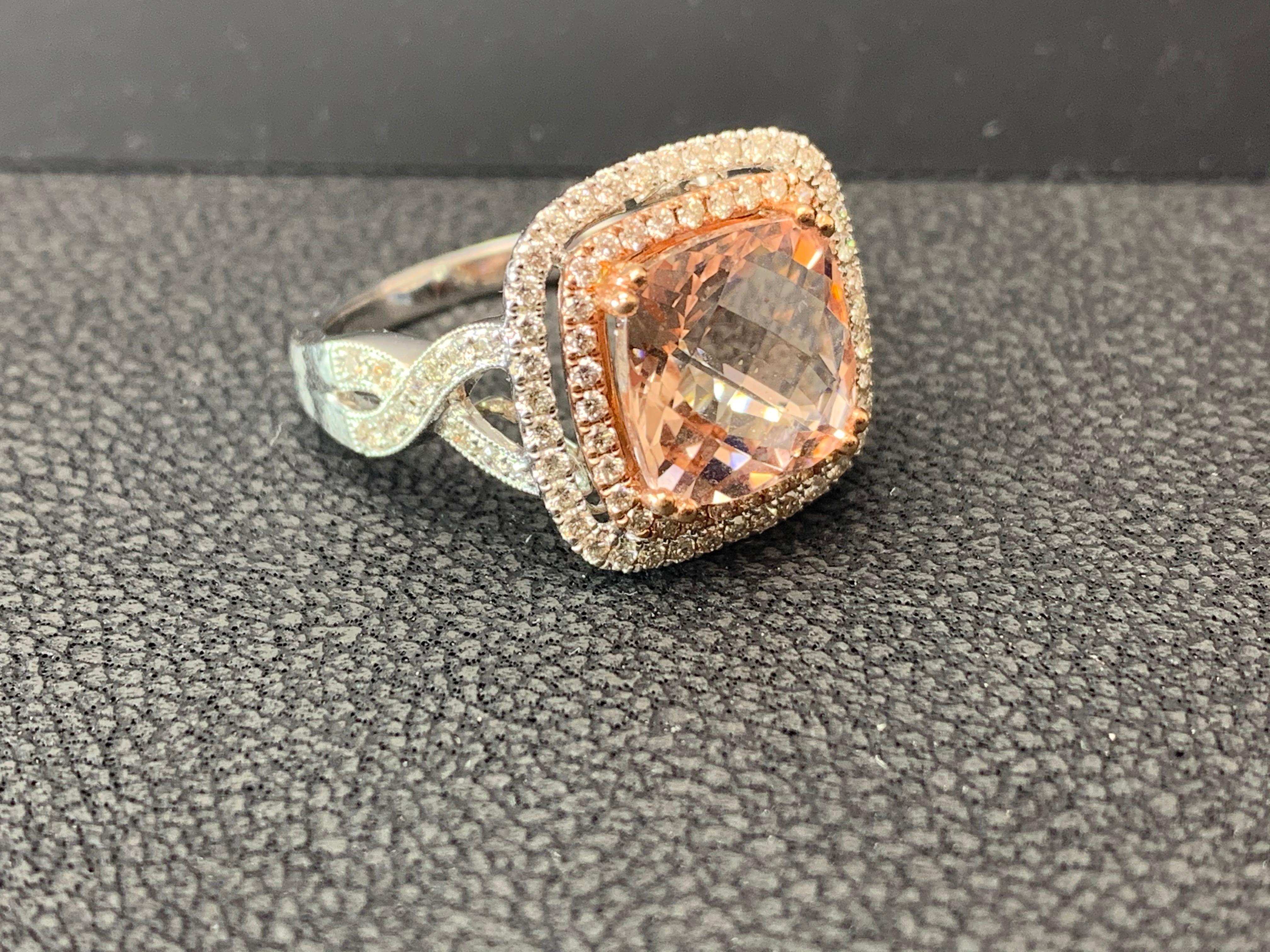 3.52 Carat Cushion Cut Morganite and Diamond 14K Mix Gold Cocktail Ring For Sale 8