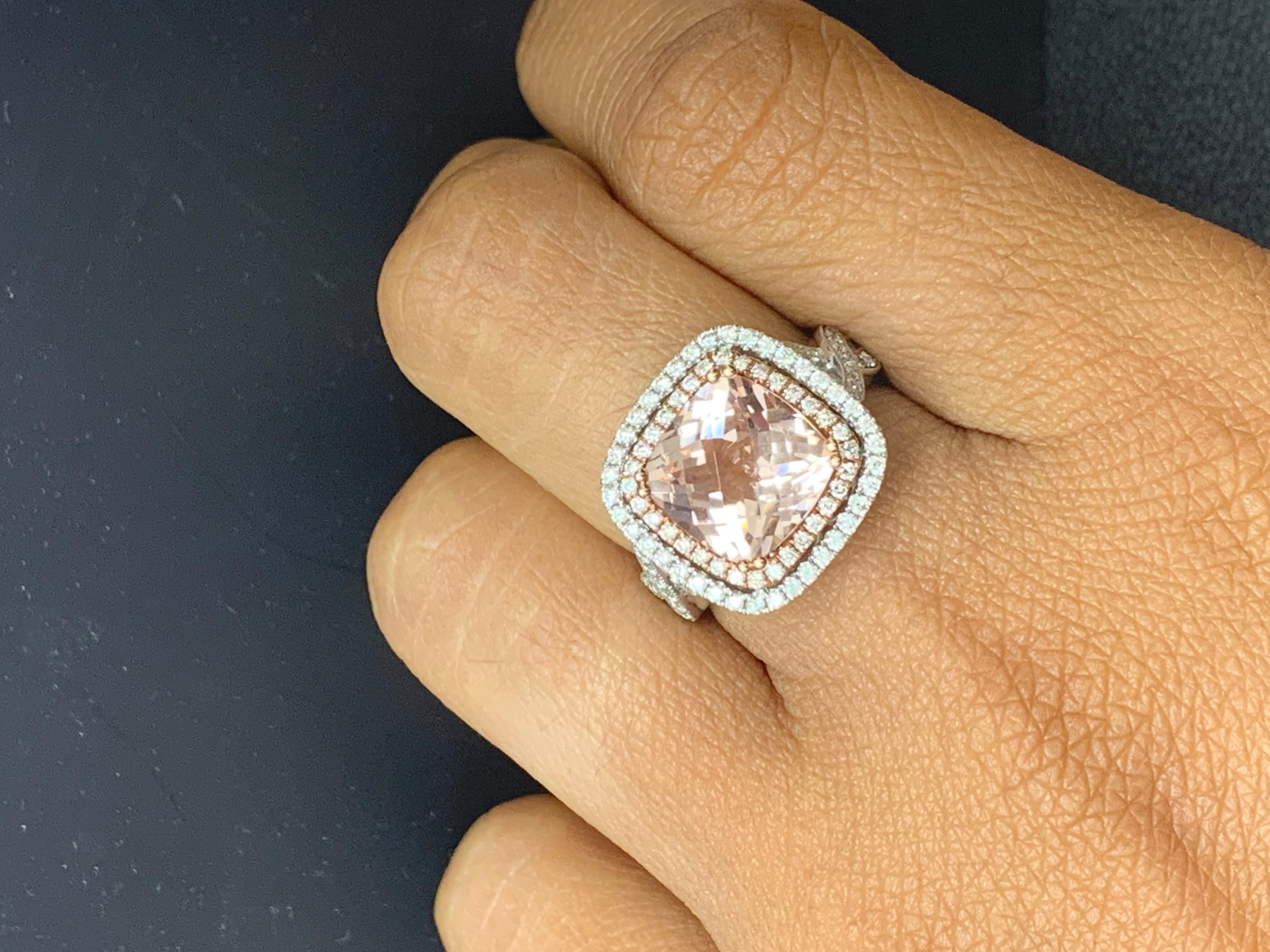 3.52 Carat Cushion Cut Morganite and Diamond 14K Mix Gold Cocktail Ring For Sale 10