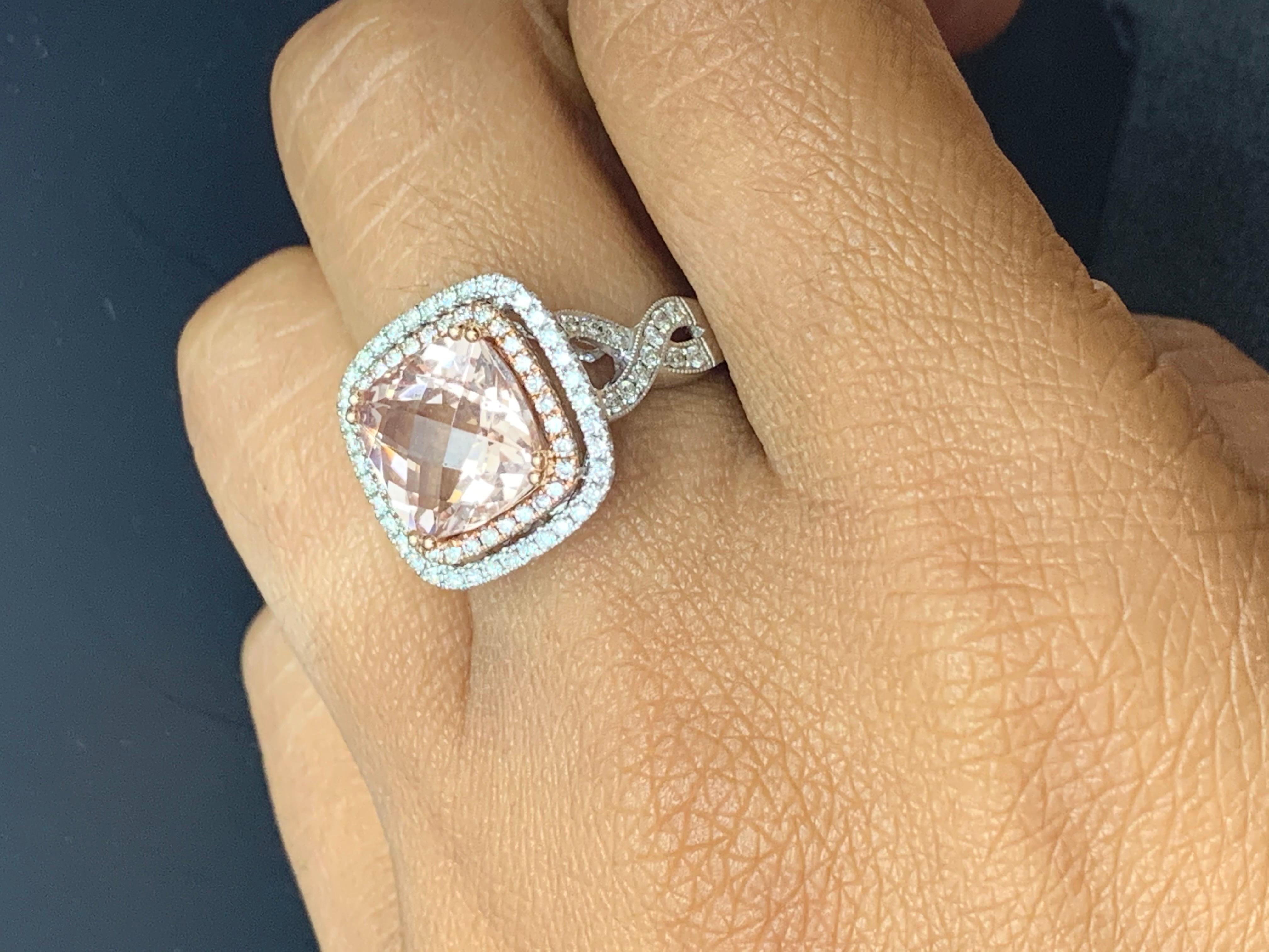 3.52 Carat Cushion Cut Morganite and Diamond 14K Mix Gold Cocktail Ring For Sale 11