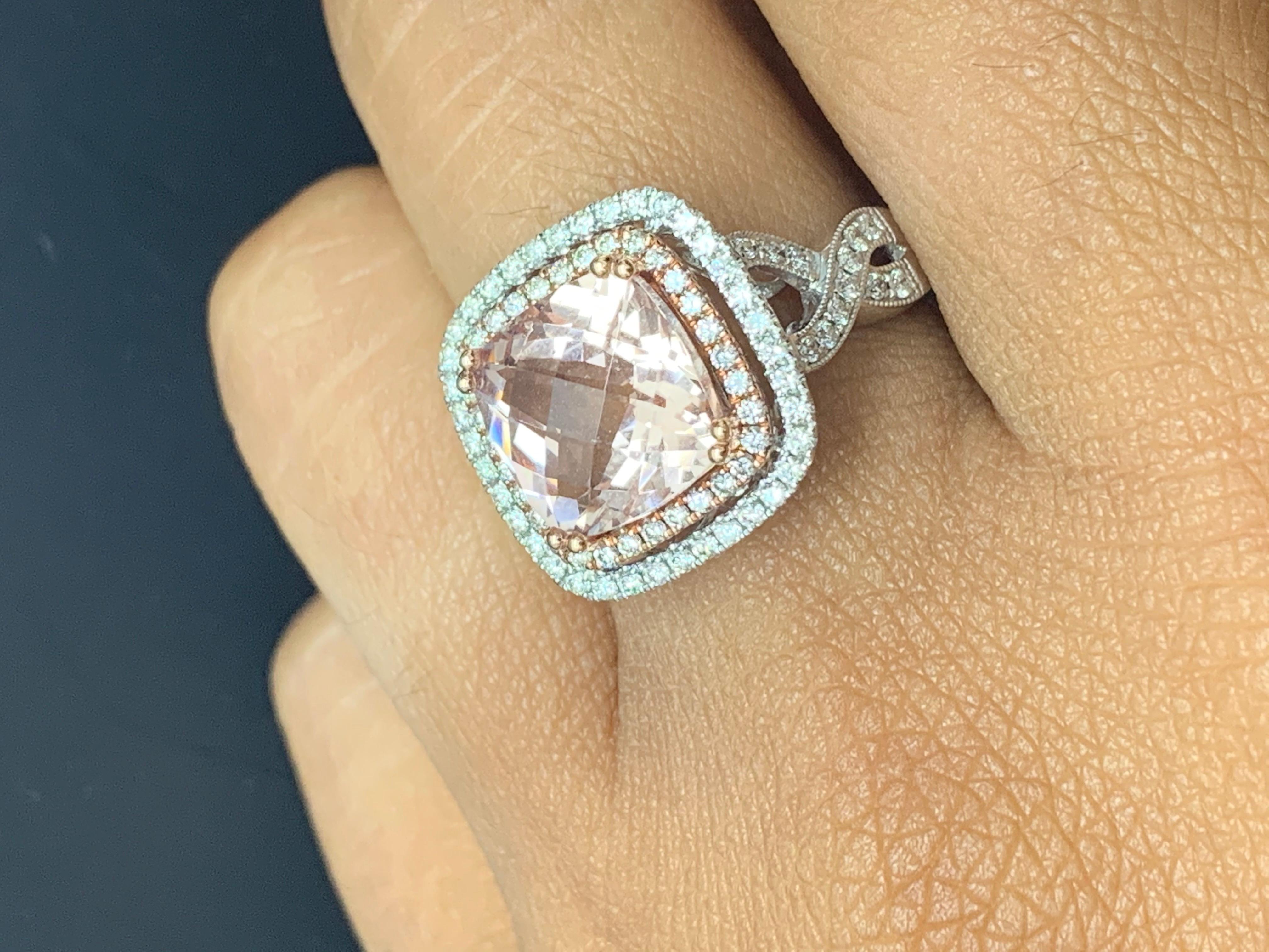 3.52 Carat Cushion Cut Morganite and Diamond 14K Mix Gold Cocktail Ring For Sale 12