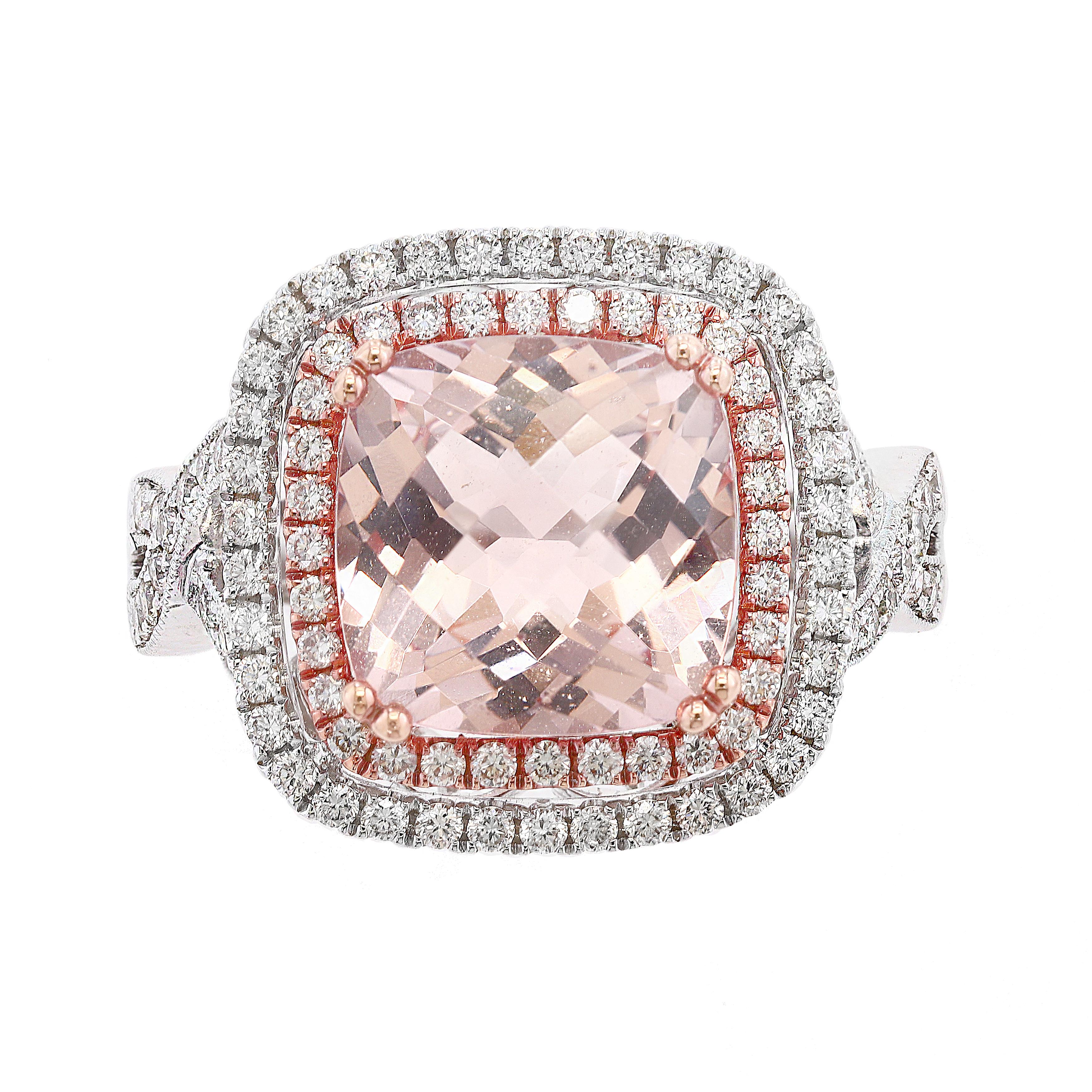 Features a 3.52carat cushion cut morganite, surrounded by two rows of round brilliant diamonds. Set in a 14K White Gold and Rose Gold mounting accented with diamonds. Total weight of diamonds is 0.67 carats. 

Size 6 US.
All diamonds are GH color