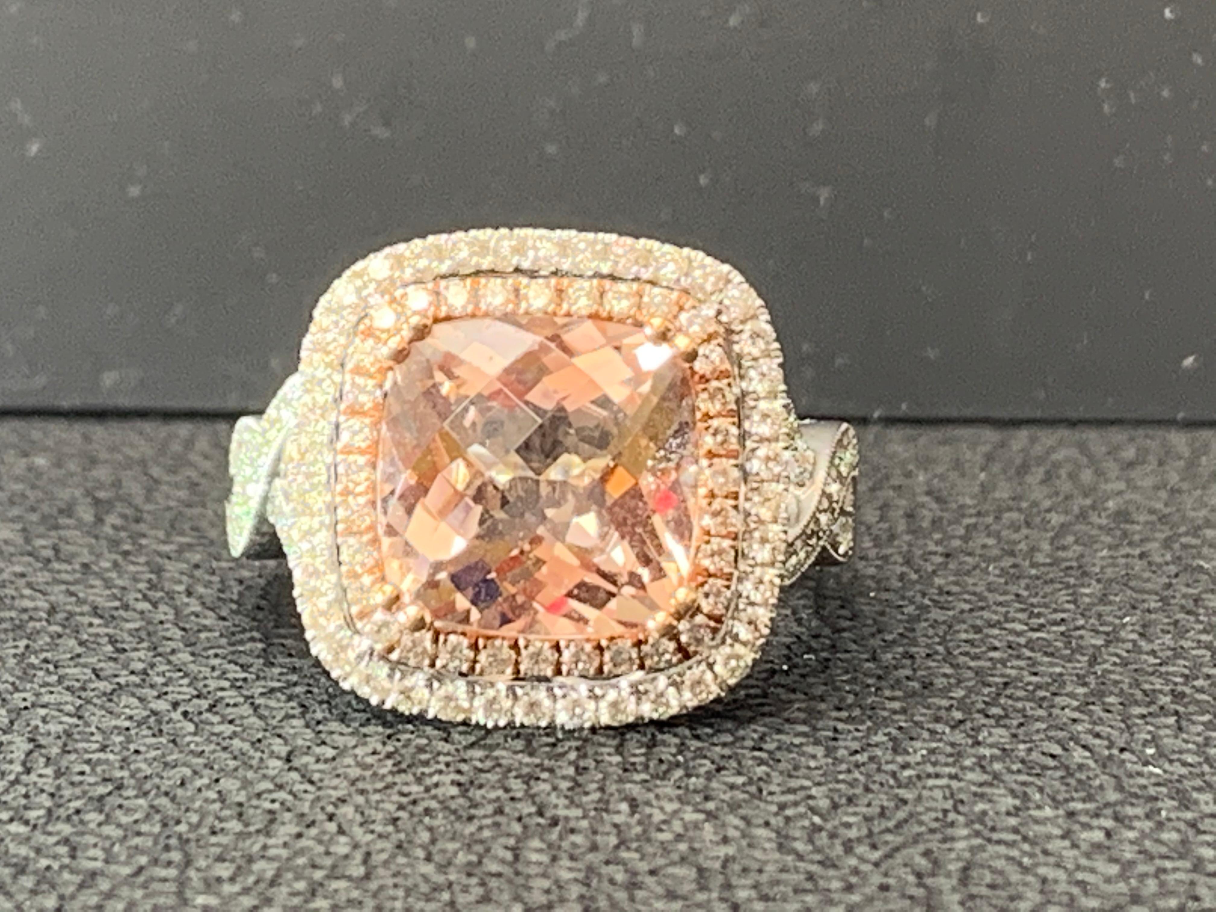 3.52 Carat Cushion Cut Morganite and Diamond 14K Mix Gold Cocktail Ring For Sale 1