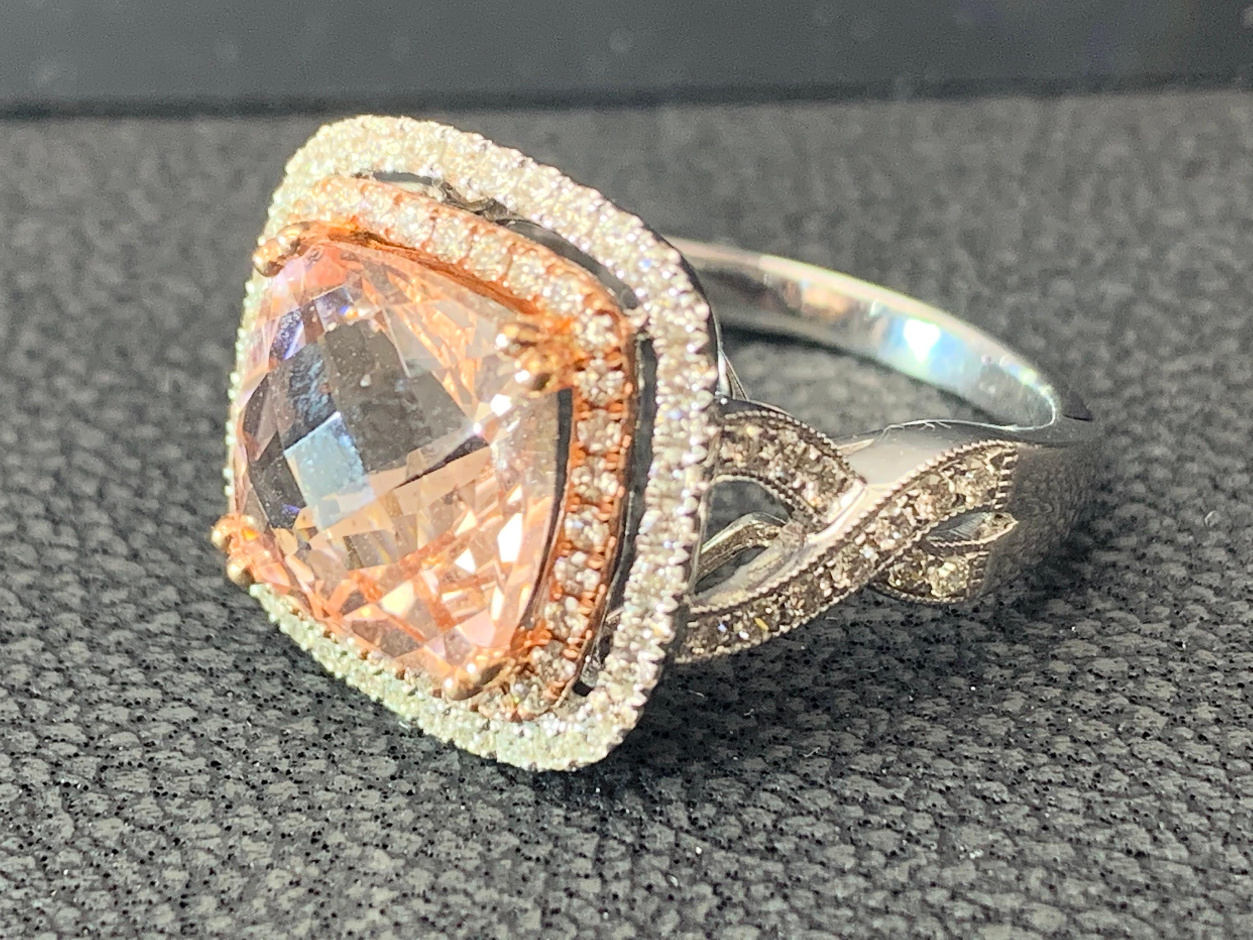 3.52 Carat Cushion Cut Morganite and Diamond 14K Mix Gold Cocktail Ring For Sale 2