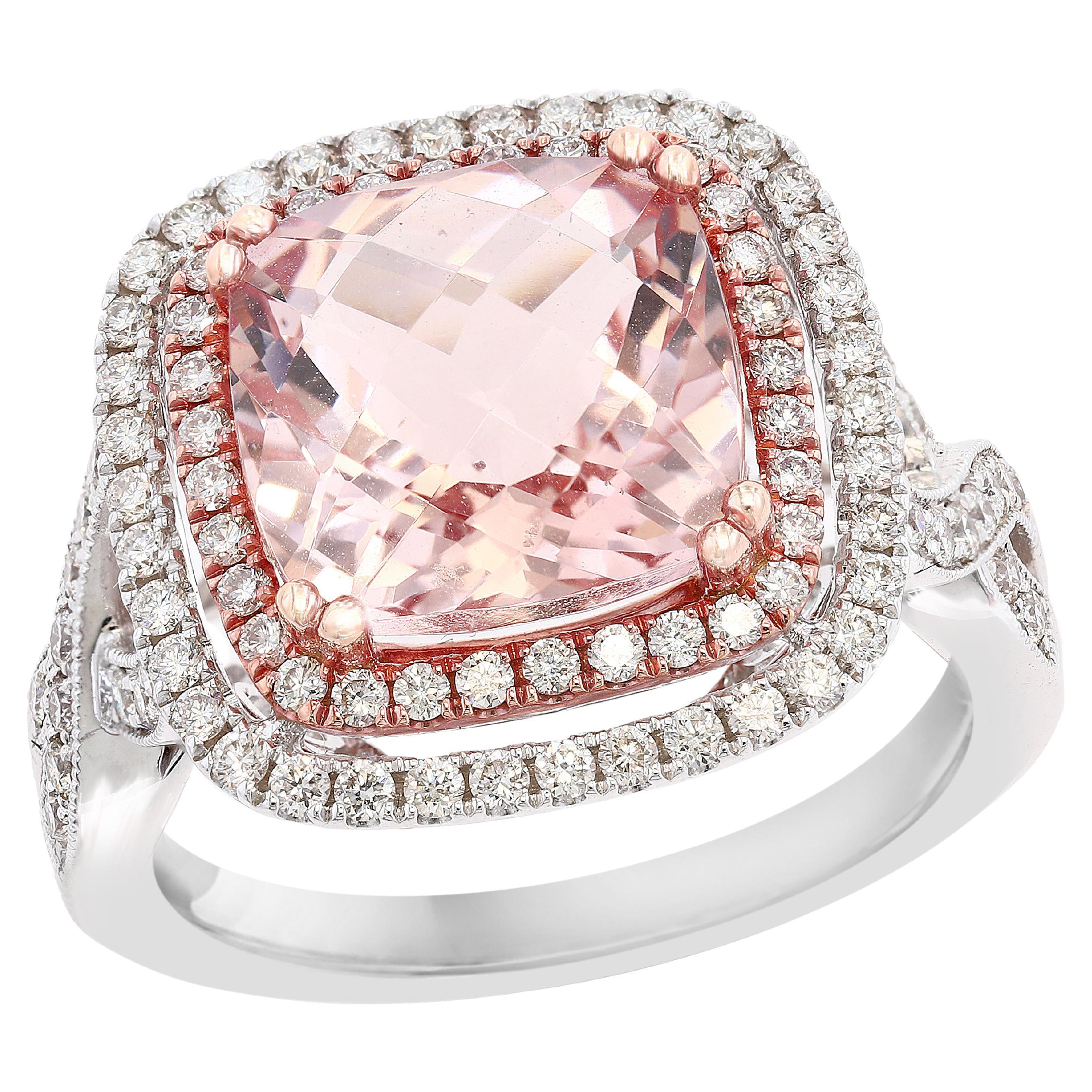 3.52 Carat Cushion Cut Morganite and Diamond 14K Mix Gold Cocktail Ring For Sale