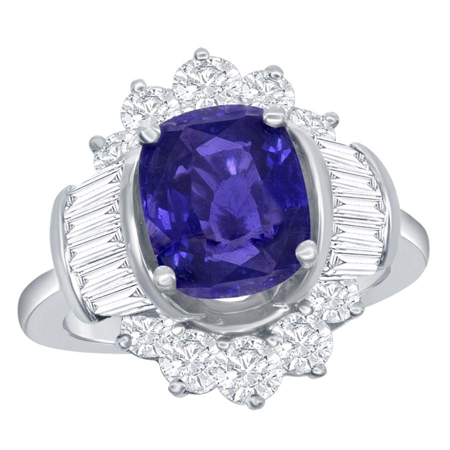 Grandeur 4.20 Carat Cushion Cut Sapphire and Diamond Ring in Platinum For Sale