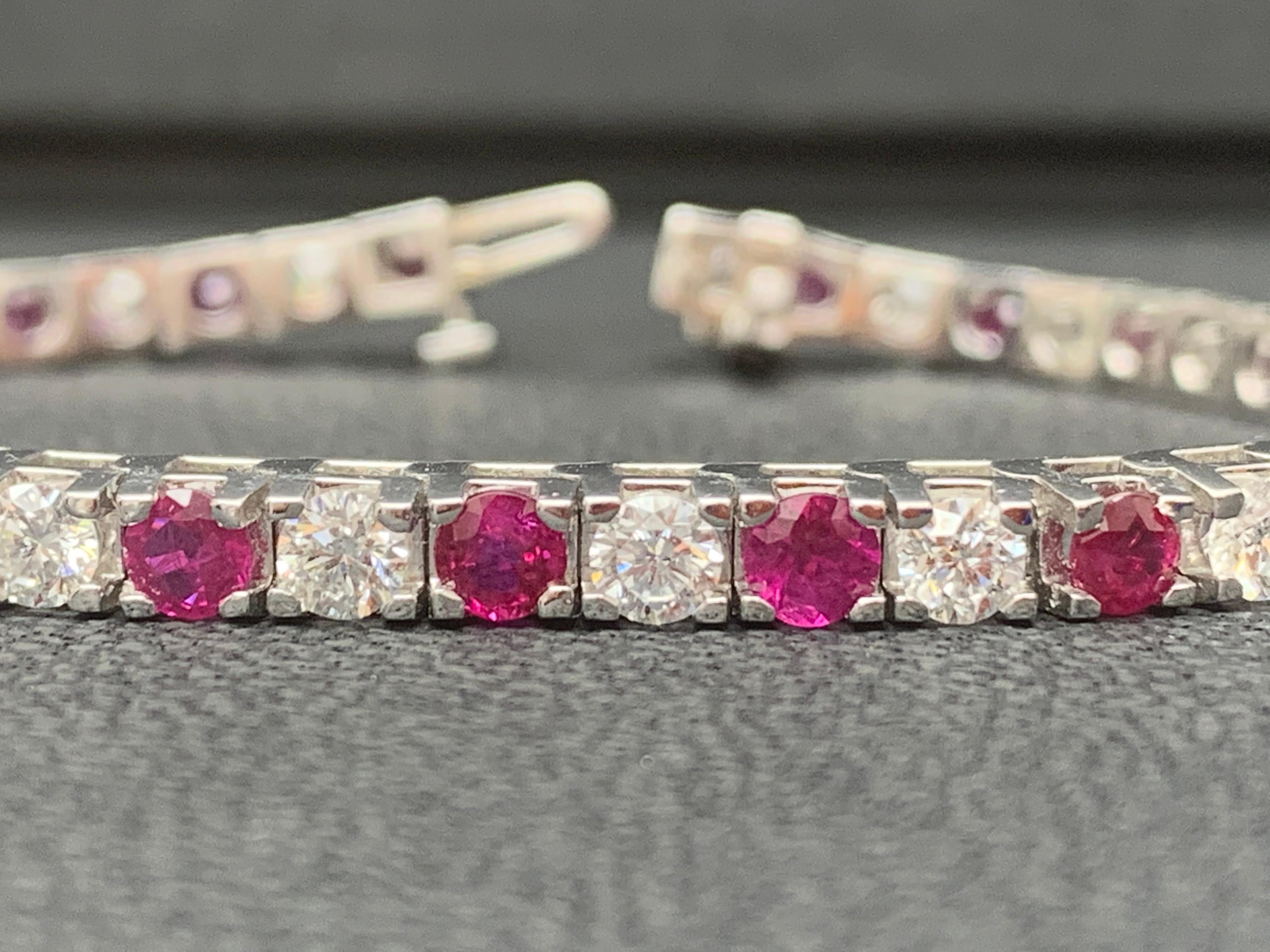 5.37 Carat Ruby and 3.52 Carat Diamond Tennis Bracelet in 18K White Gold For Sale 4