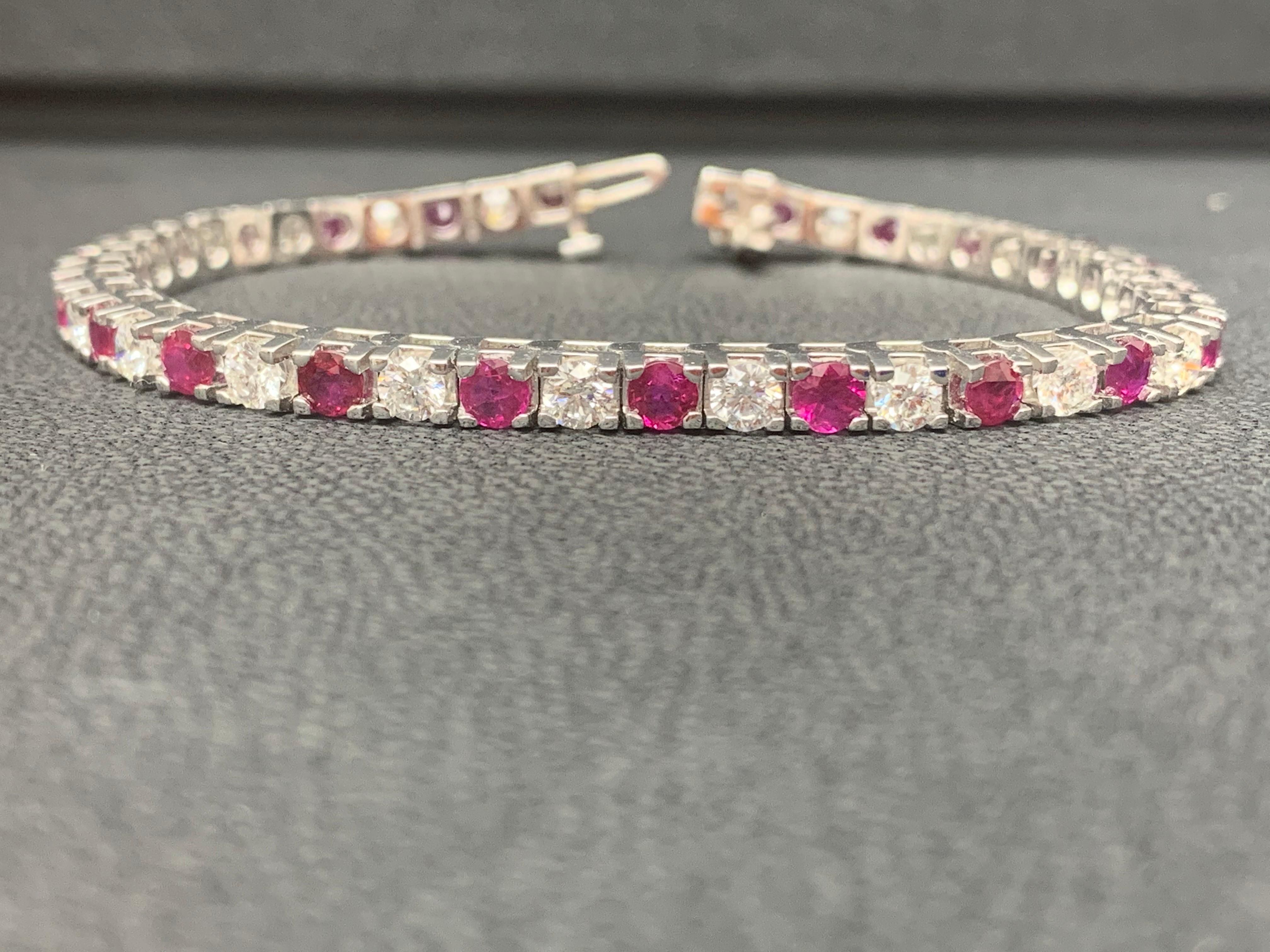 5.37 Carat Ruby and 3.52 Carat Diamond Tennis Bracelet in 18K White Gold For Sale 2