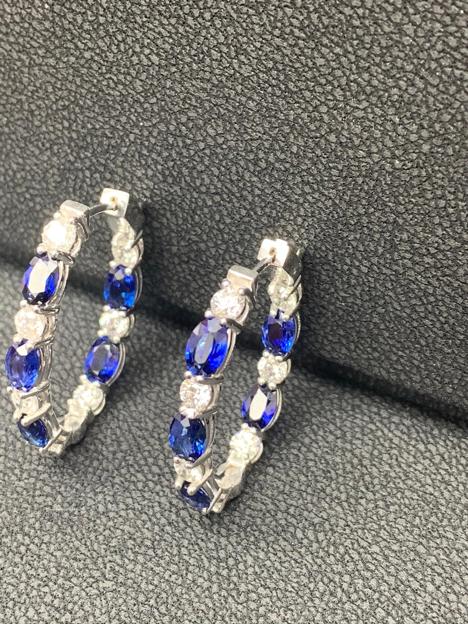 Grandeur 5.54 Carat Oval Cut Blue Sapphire Diamond Hoop Earrings 14K WhiteGold For Sale 5