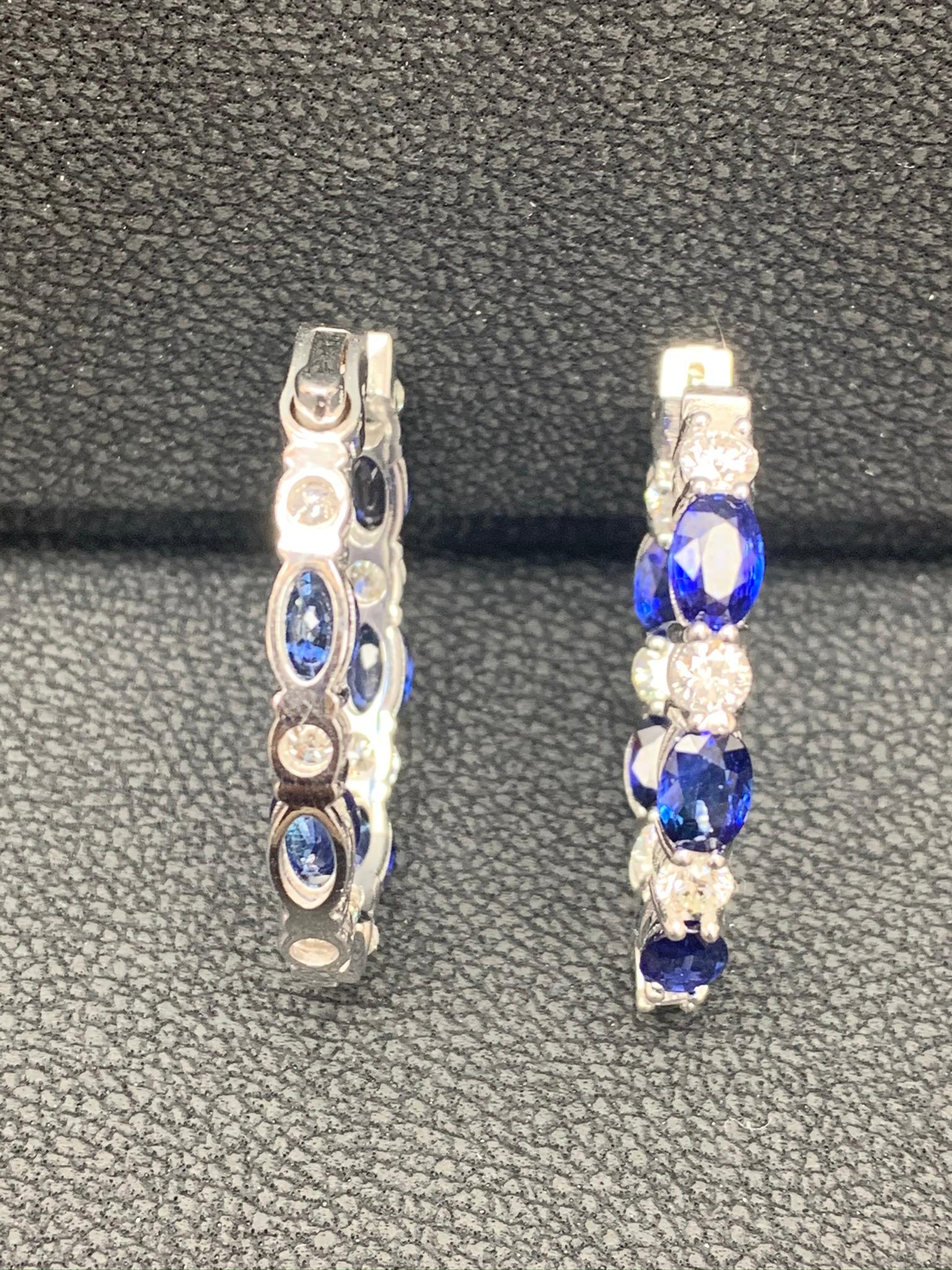 Grandeur 5.54 Carat Oval Cut Blue Sapphire Diamond Hoop Earrings 14K WhiteGold For Sale 7