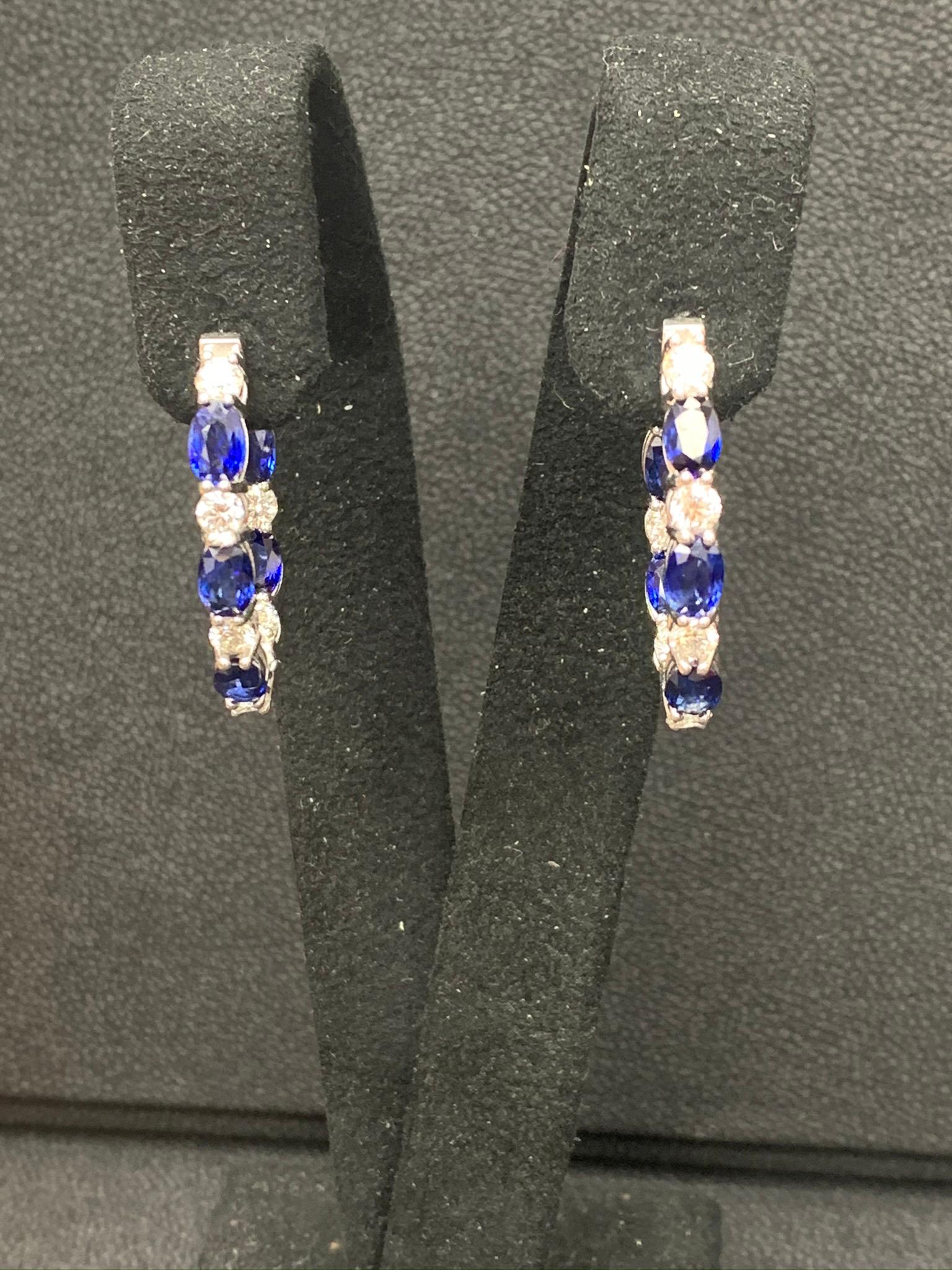 Grandeur 5.54 Carat Oval Cut Blue Sapphire Diamond Hoop Earrings 14K WhiteGold For Sale 8