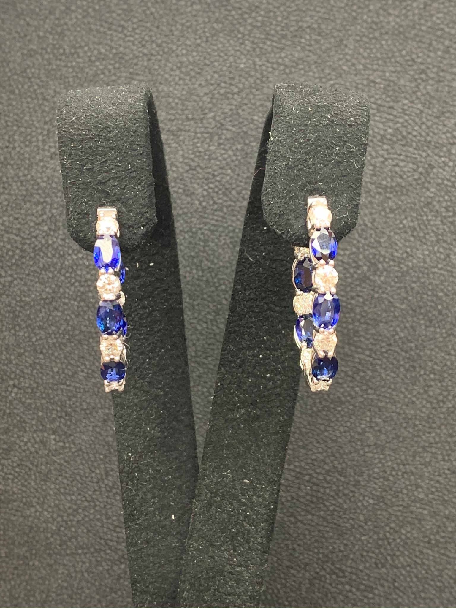 Grandeur 5.54 Carat Oval Cut Blue Sapphire Diamond Hoop Earrings 14K WhiteGold For Sale 9