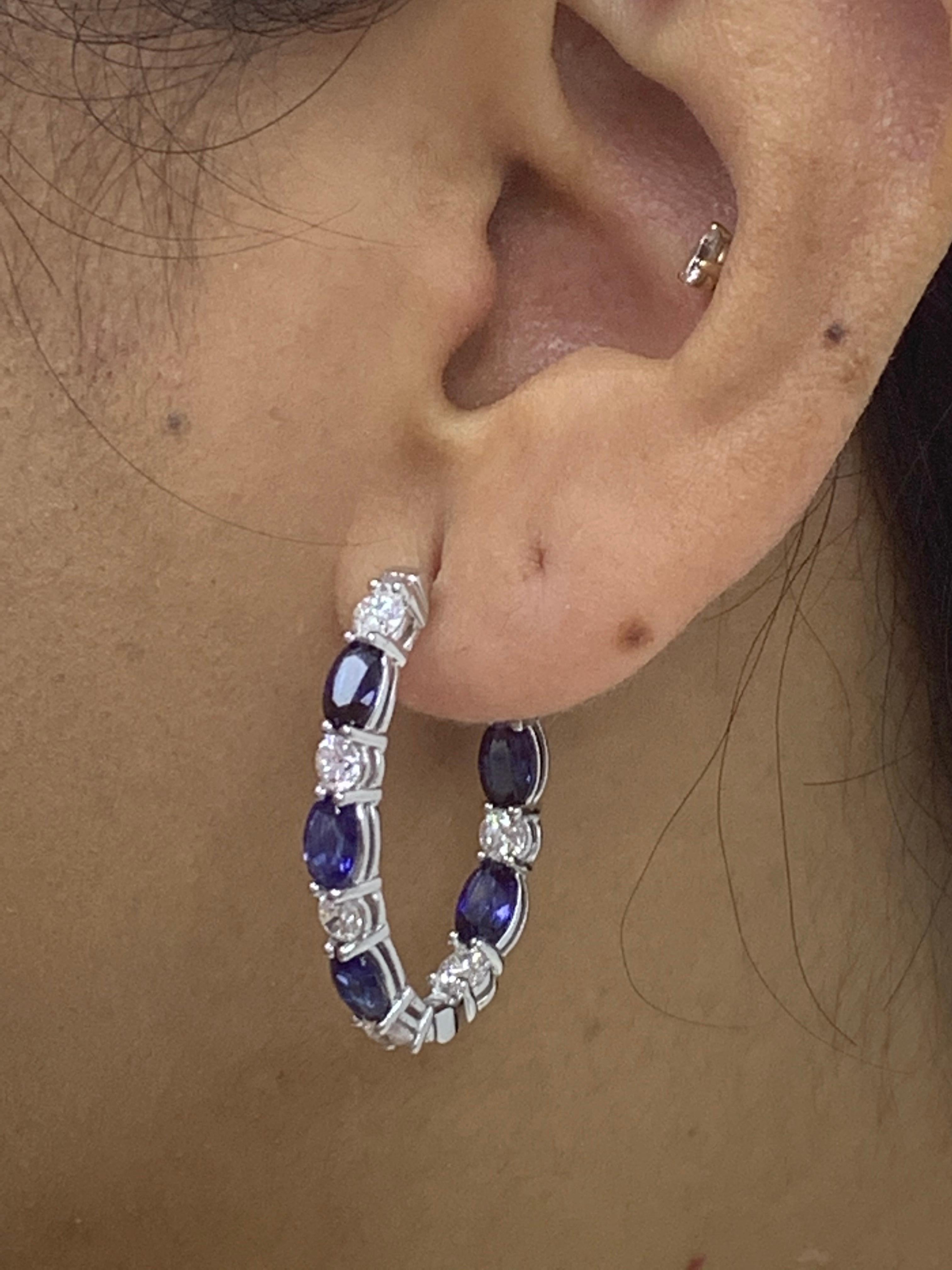 Grandeur 5.54 Carat Oval Cut Blue Sapphire Diamond Hoop Earrings 14K WhiteGold For Sale 14