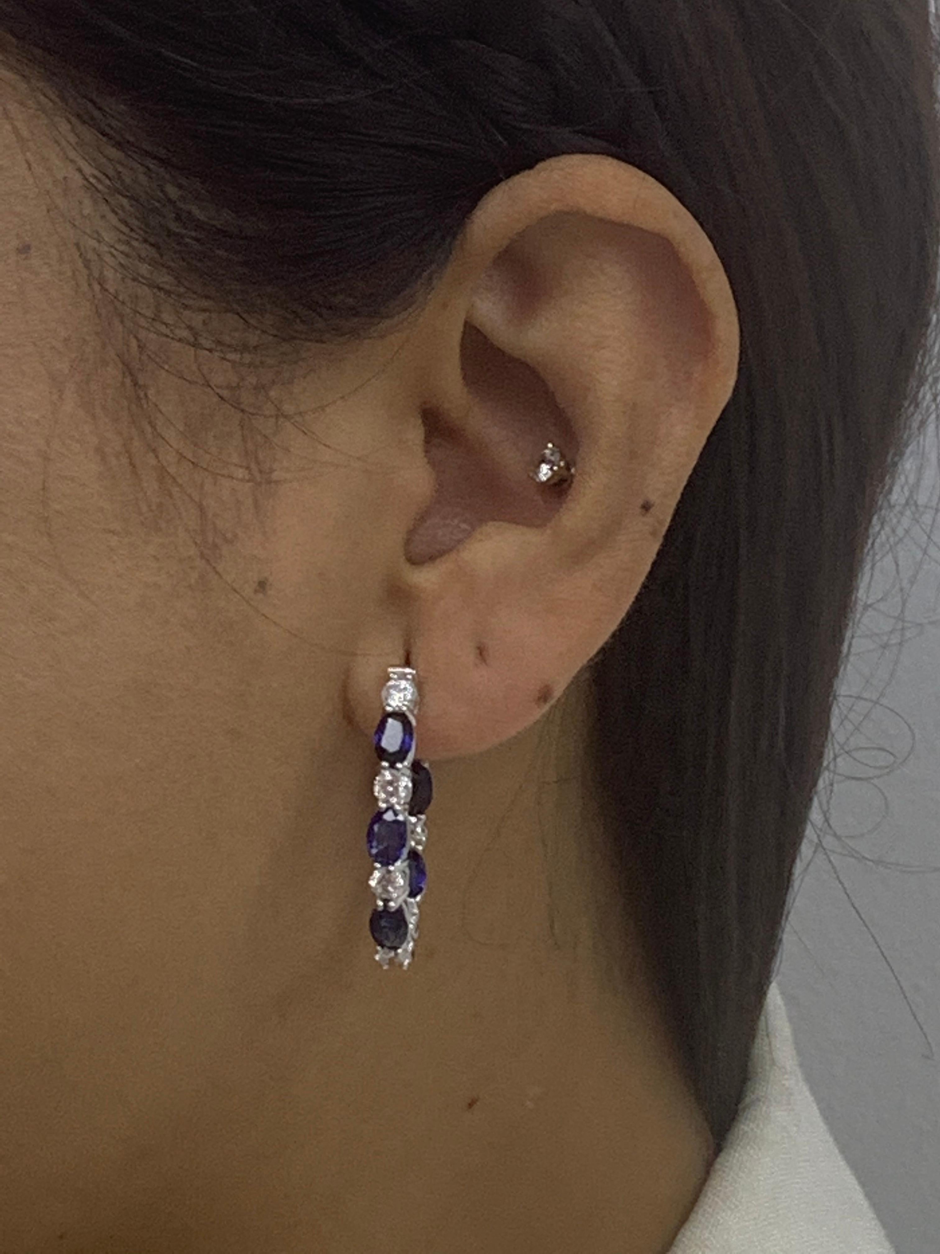 Grandeur 5.54 Carat Oval Cut Blue Sapphire Diamond Hoop Earrings 14K WhiteGold For Sale 15