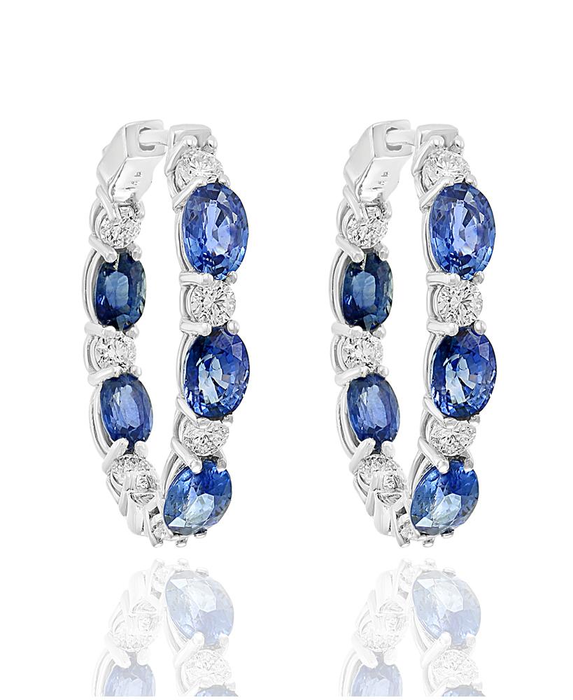 Contemporary Grandeur 5.54 Carat Oval Cut Blue Sapphire Diamond Hoop Earrings 14K WhiteGold For Sale