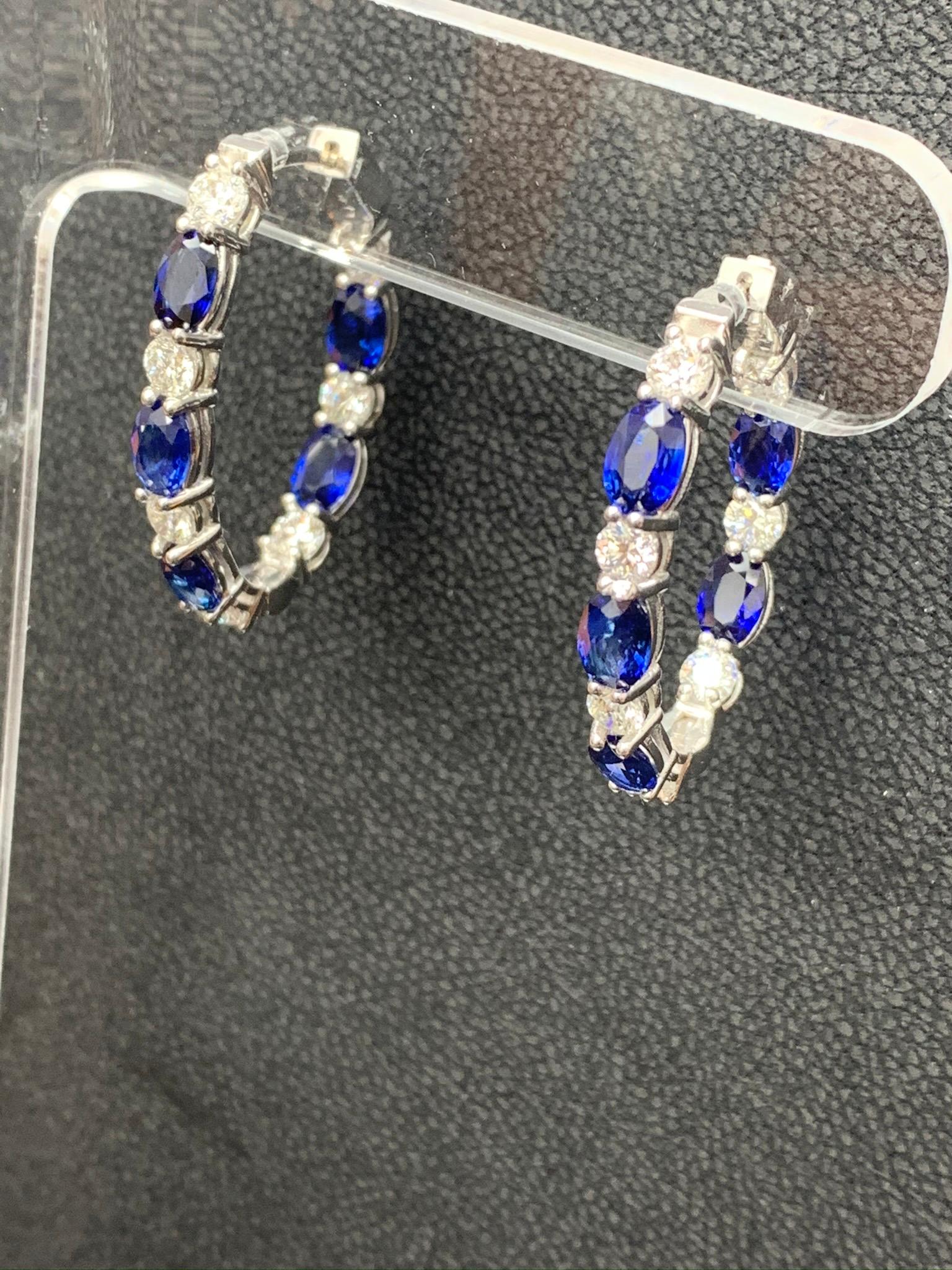 Grandeur 5.54 Carat Oval Cut Blue Sapphire Diamond Hoop Earrings 14K WhiteGold In New Condition For Sale In NEW YORK, NY